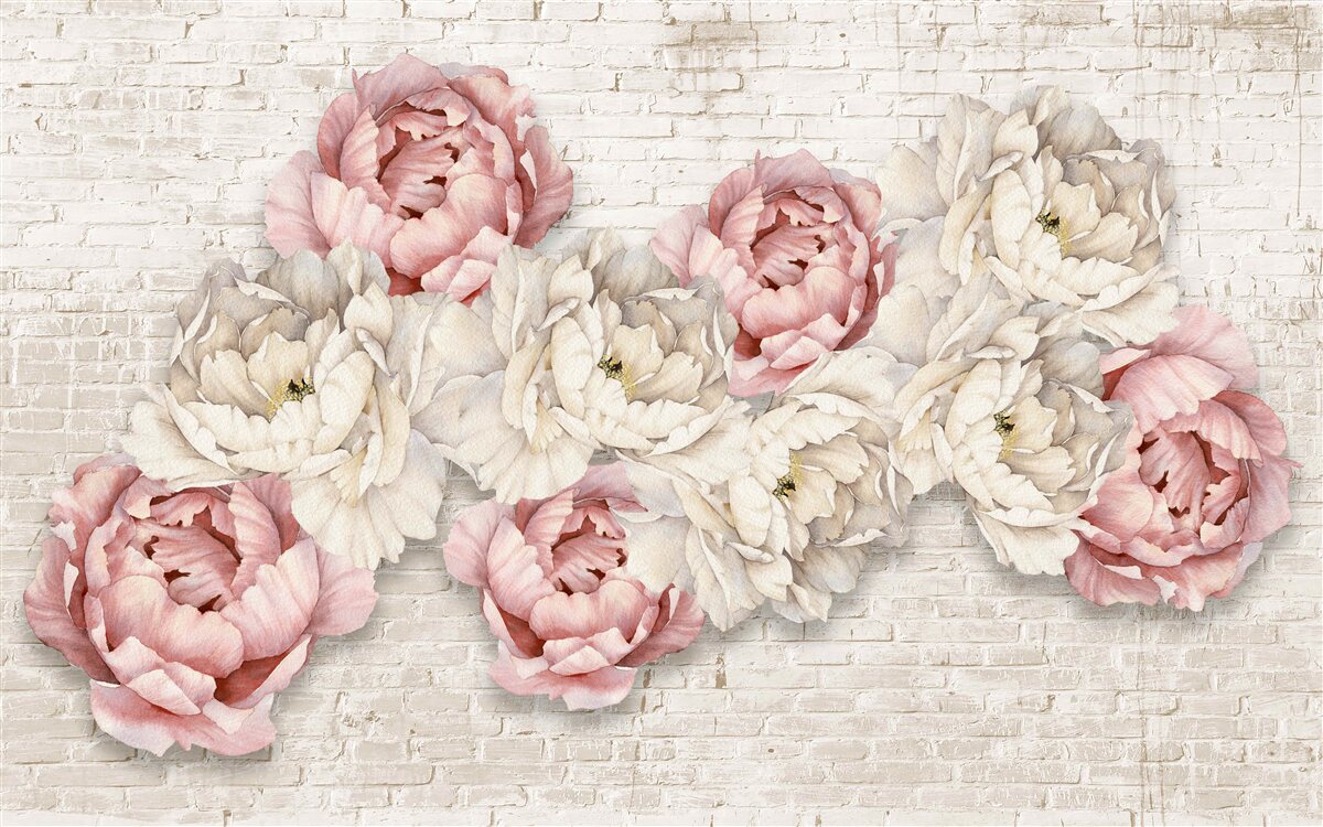 Fototapet fundalul de cărămidă este decorat cu muguri albi și roz