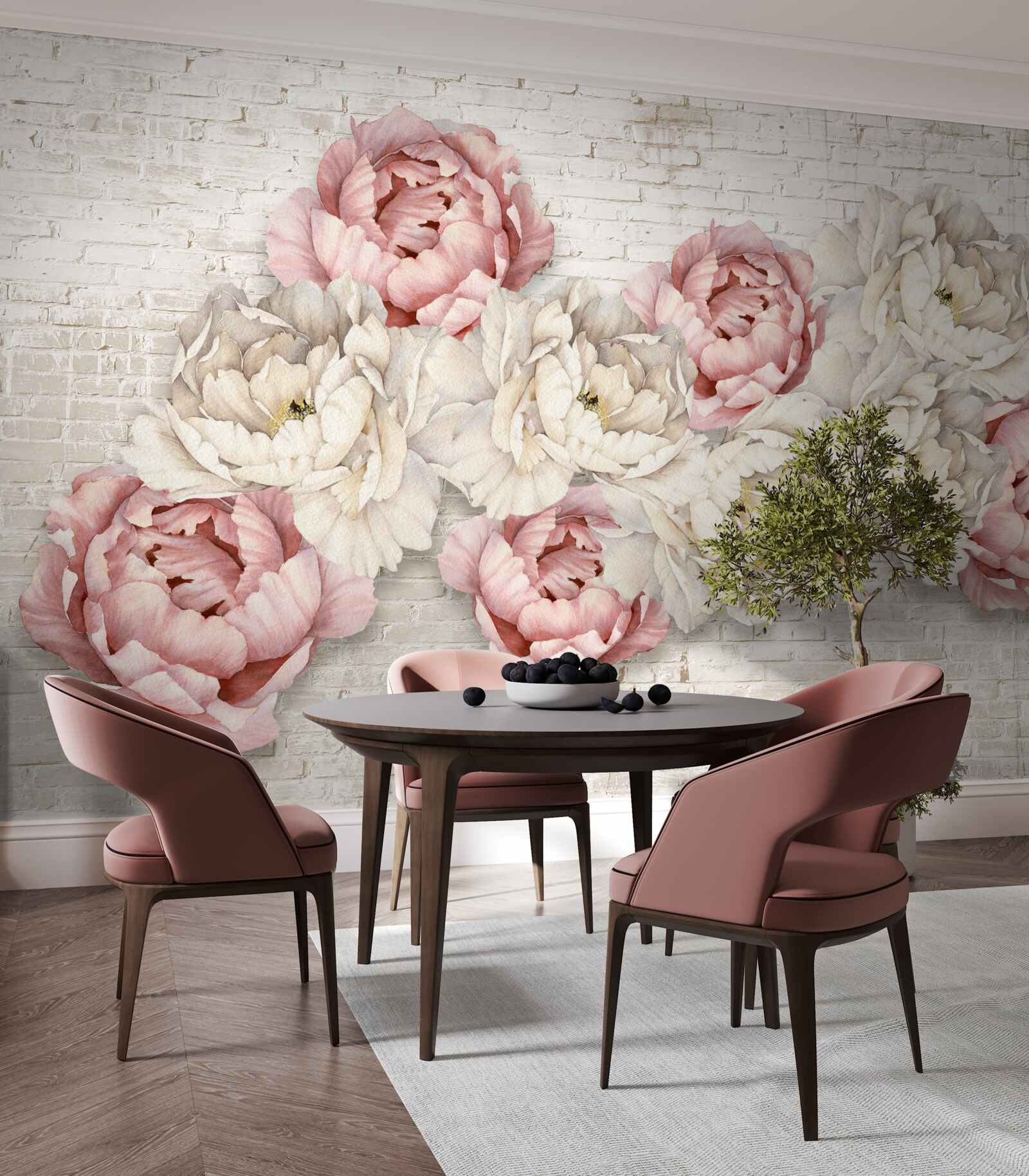 Fototapet fundalul de cărămidă este decorat cu muguri albi și roz