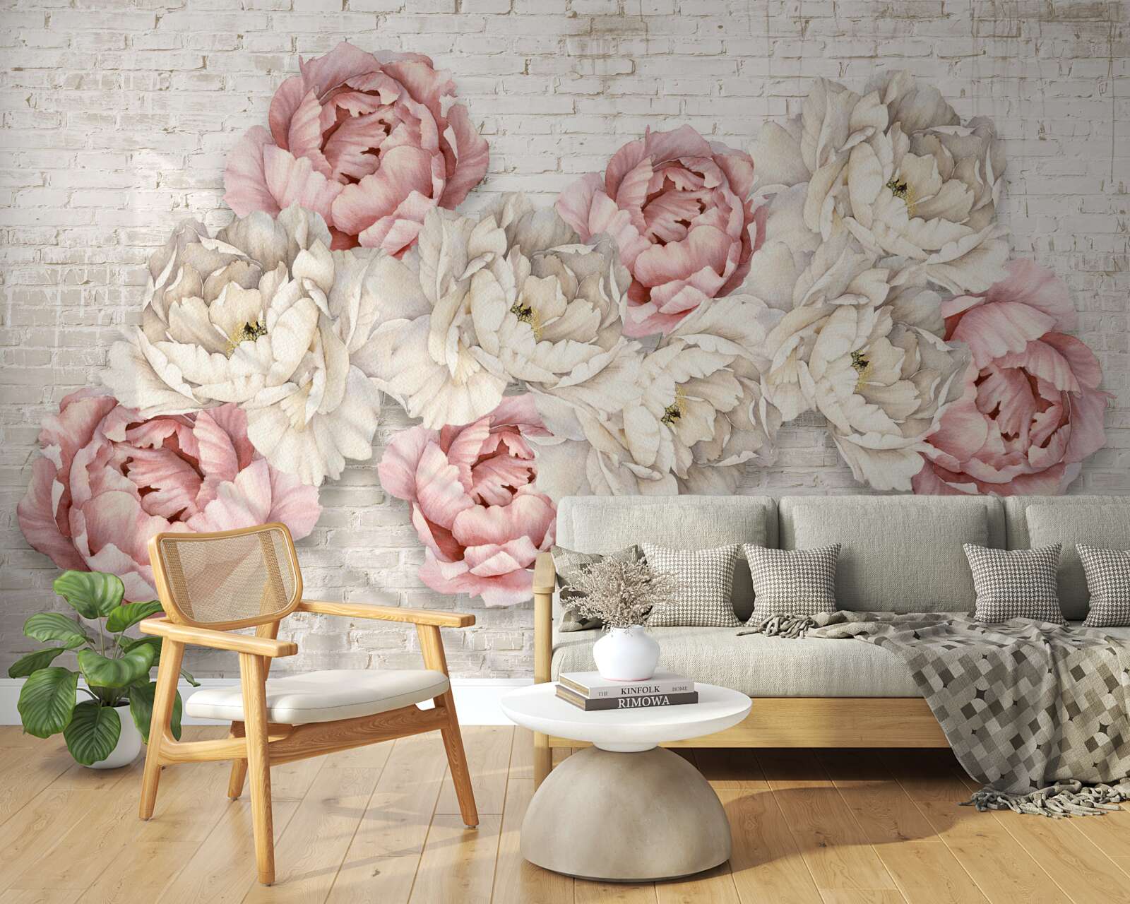 Fototapet fundalul de cărămidă este decorat cu muguri albi și roz