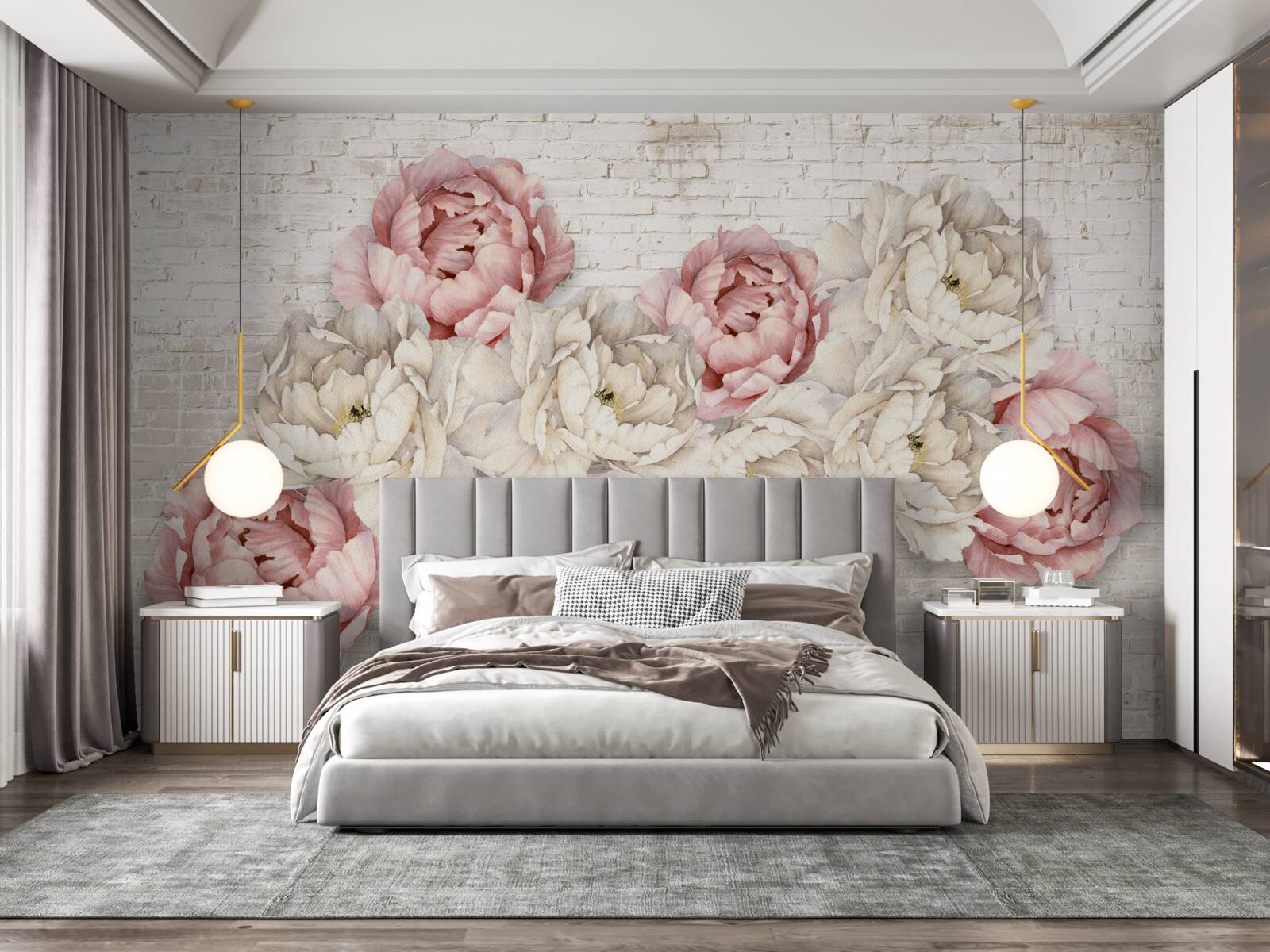 Fototapet fundalul de cărămidă este decorat cu muguri albi și roz