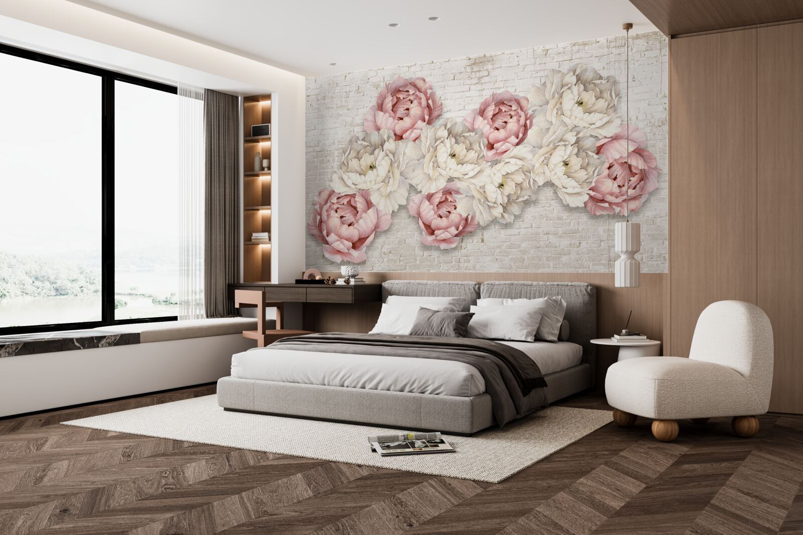 Fototapet fundalul de cărămidă este decorat cu muguri albi și roz