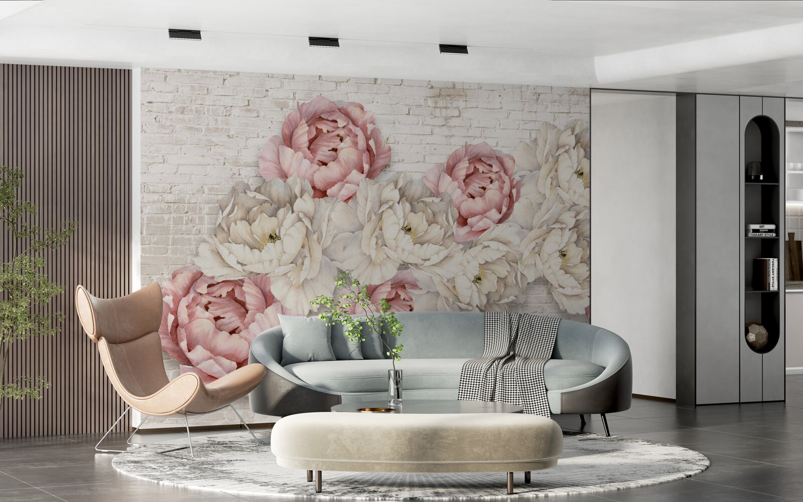 Fototapet fundalul de cărămidă este decorat cu muguri albi și roz