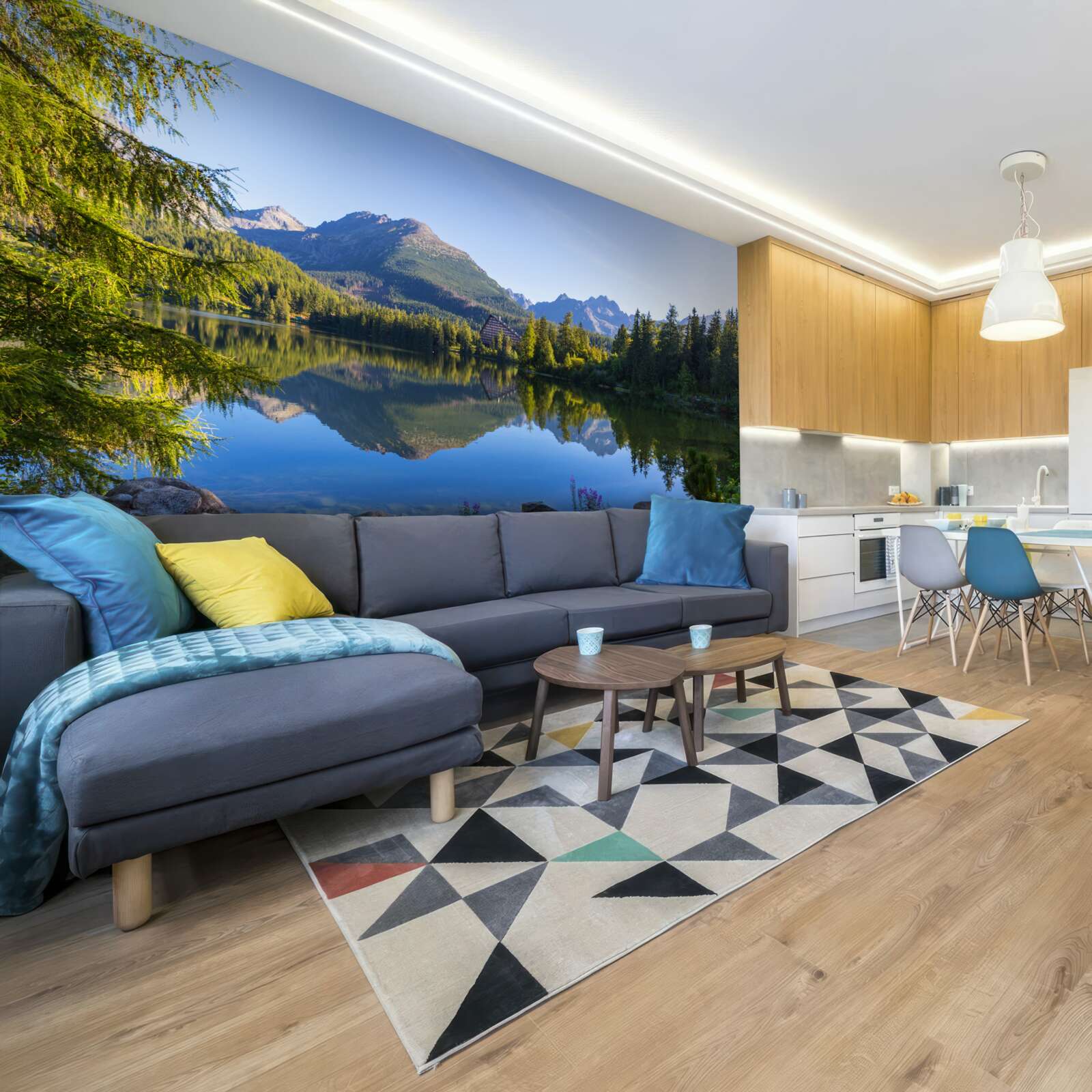 Fototapet o zi însorită lângă un râu calm de munte