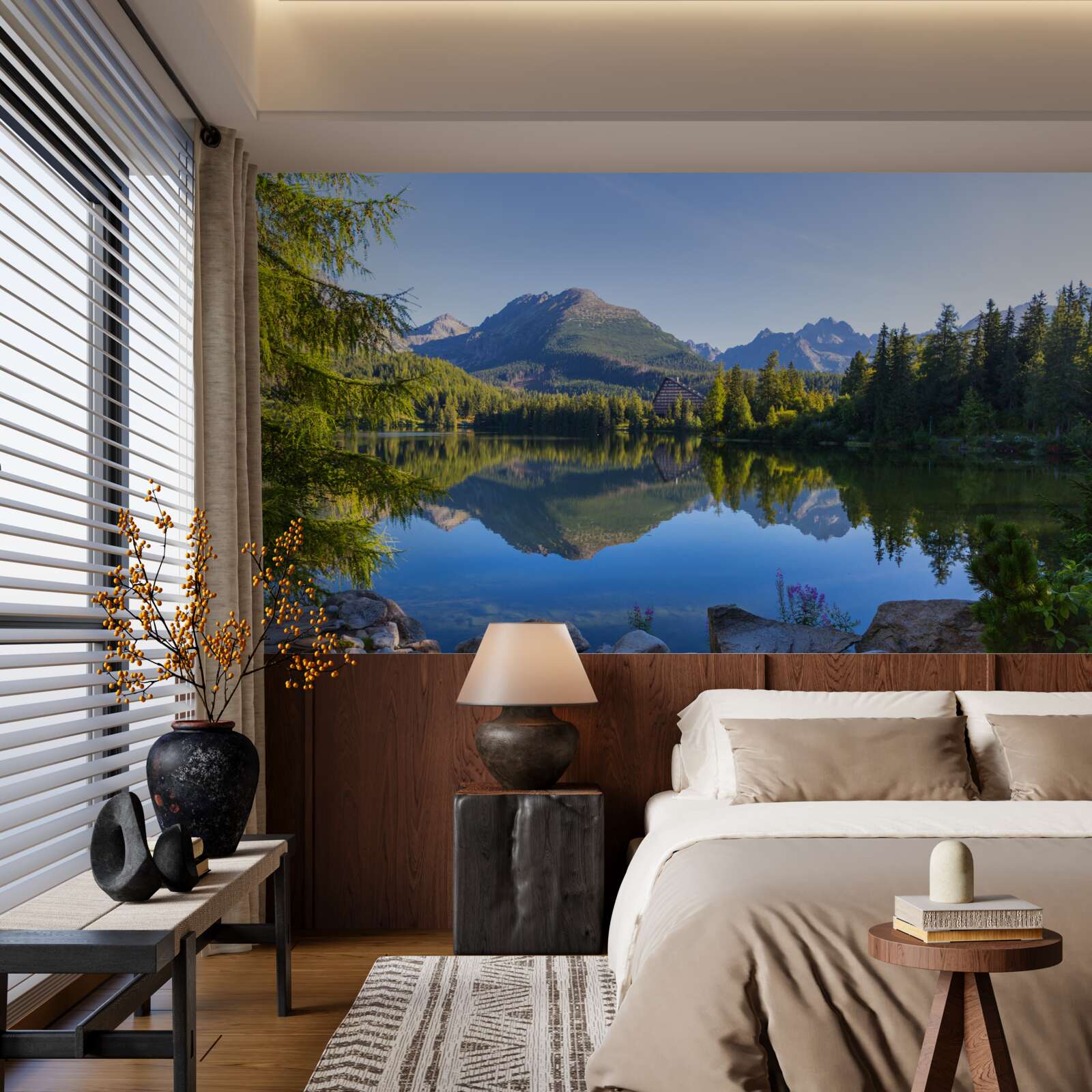 Fototapet o zi însorită lângă un râu calm de munte