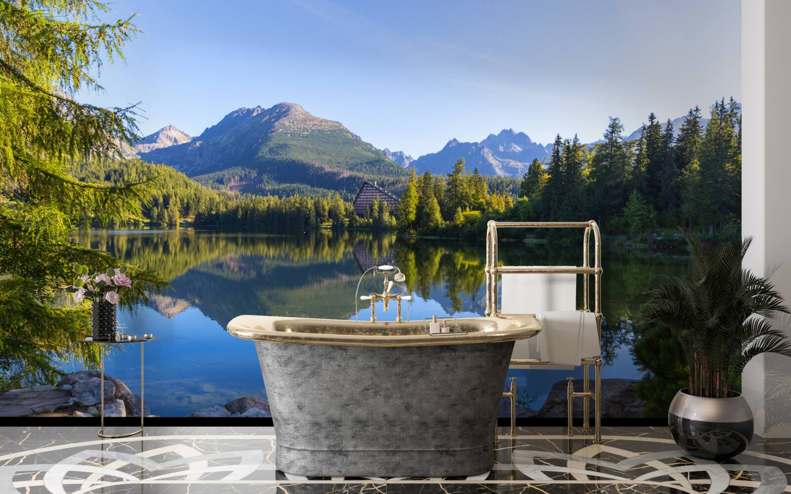 Fototapet o zi însorită lângă un râu calm de munte