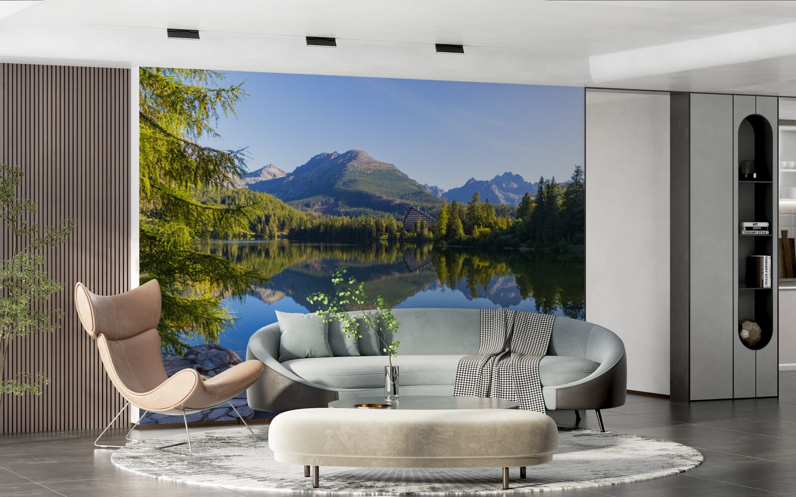 Fototapet o zi însorită lângă un râu calm de munte