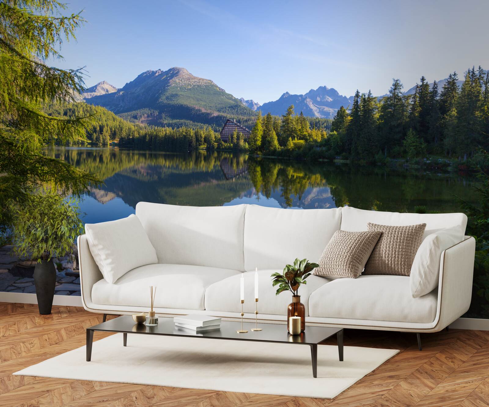 Fototapet o zi însorită lângă un râu calm de munte