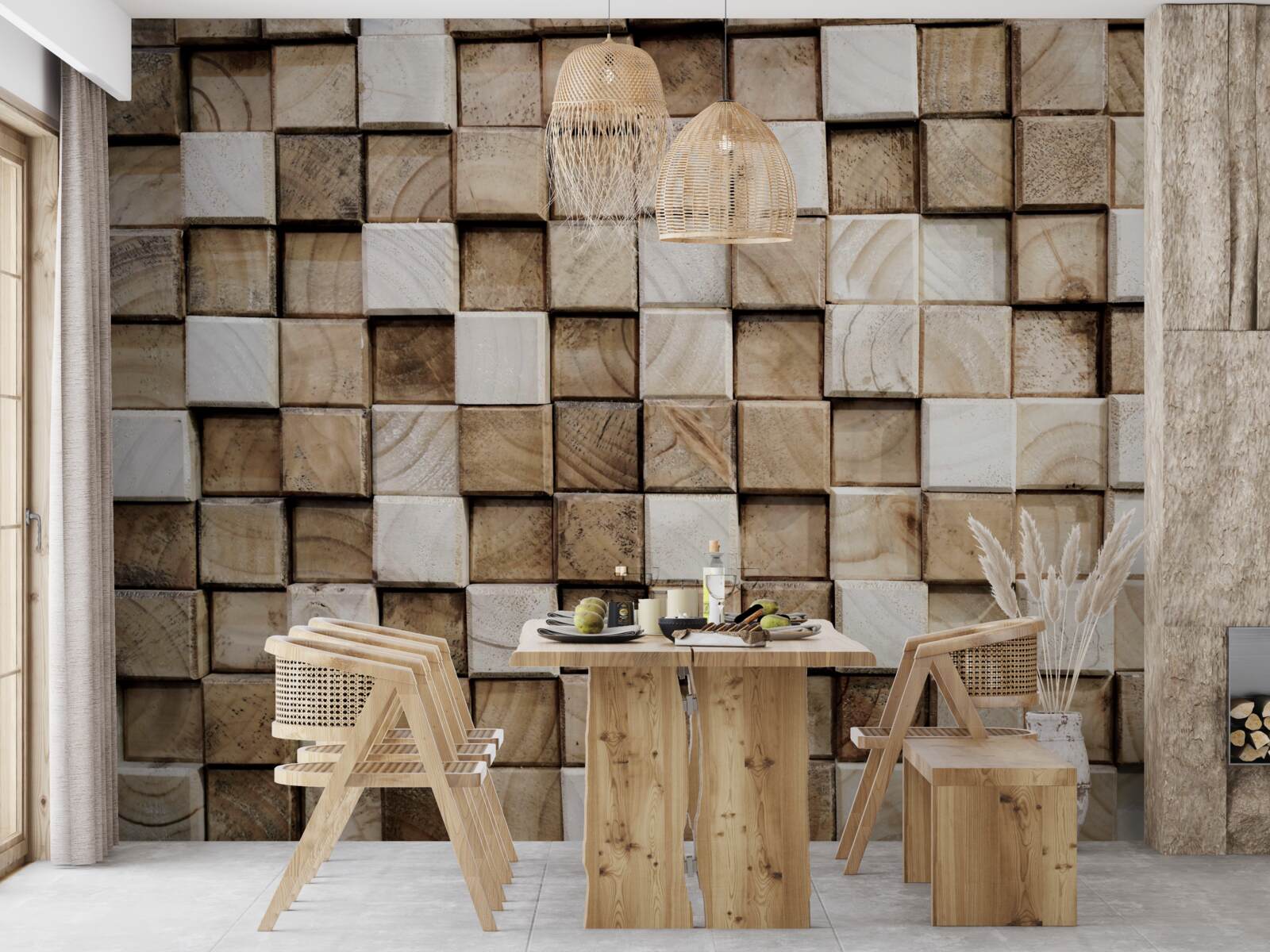 Fototapet construcții volumetrice pătrate din lemn alb