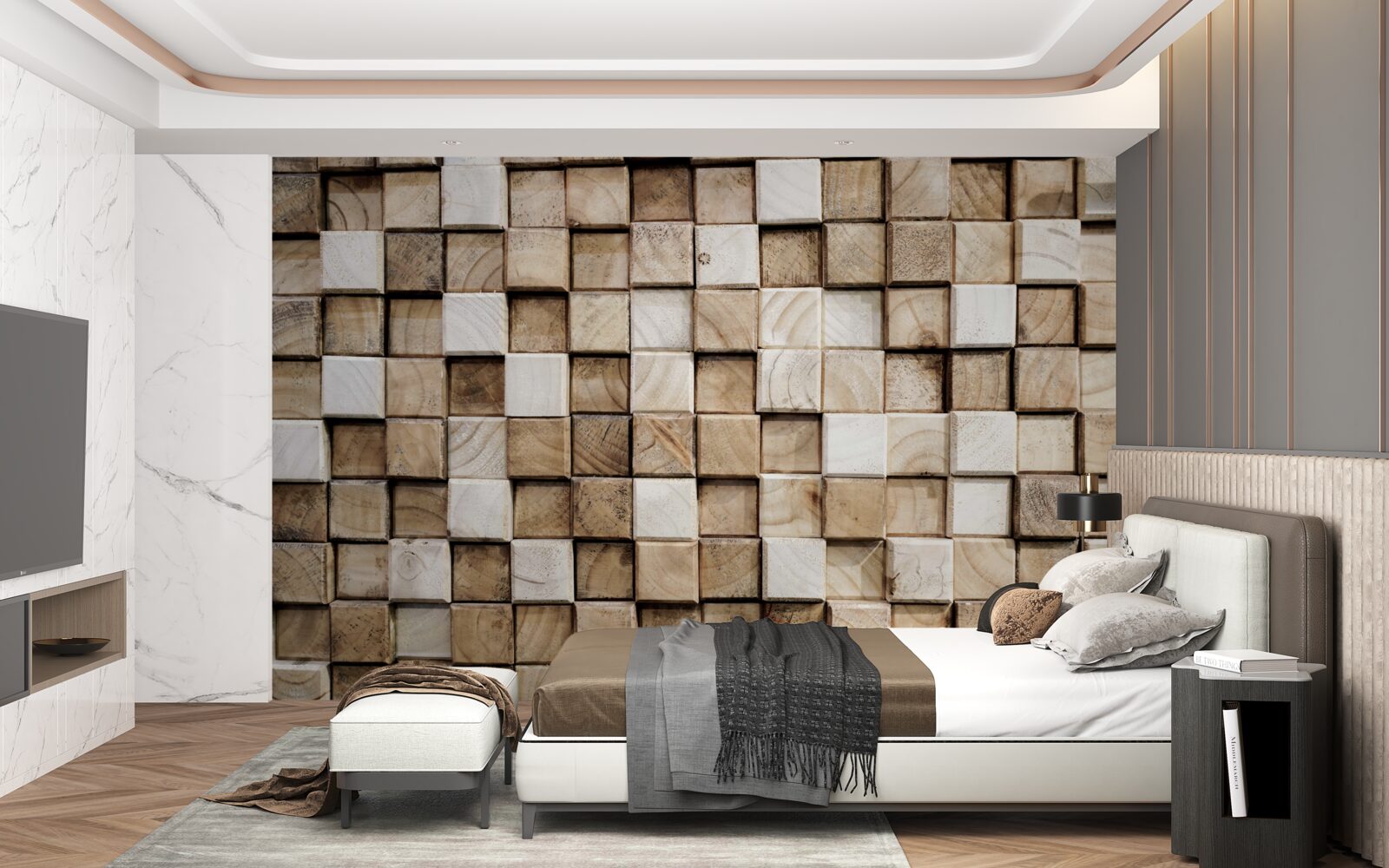 Fototapet construcții volumetrice pătrate din lemn alb