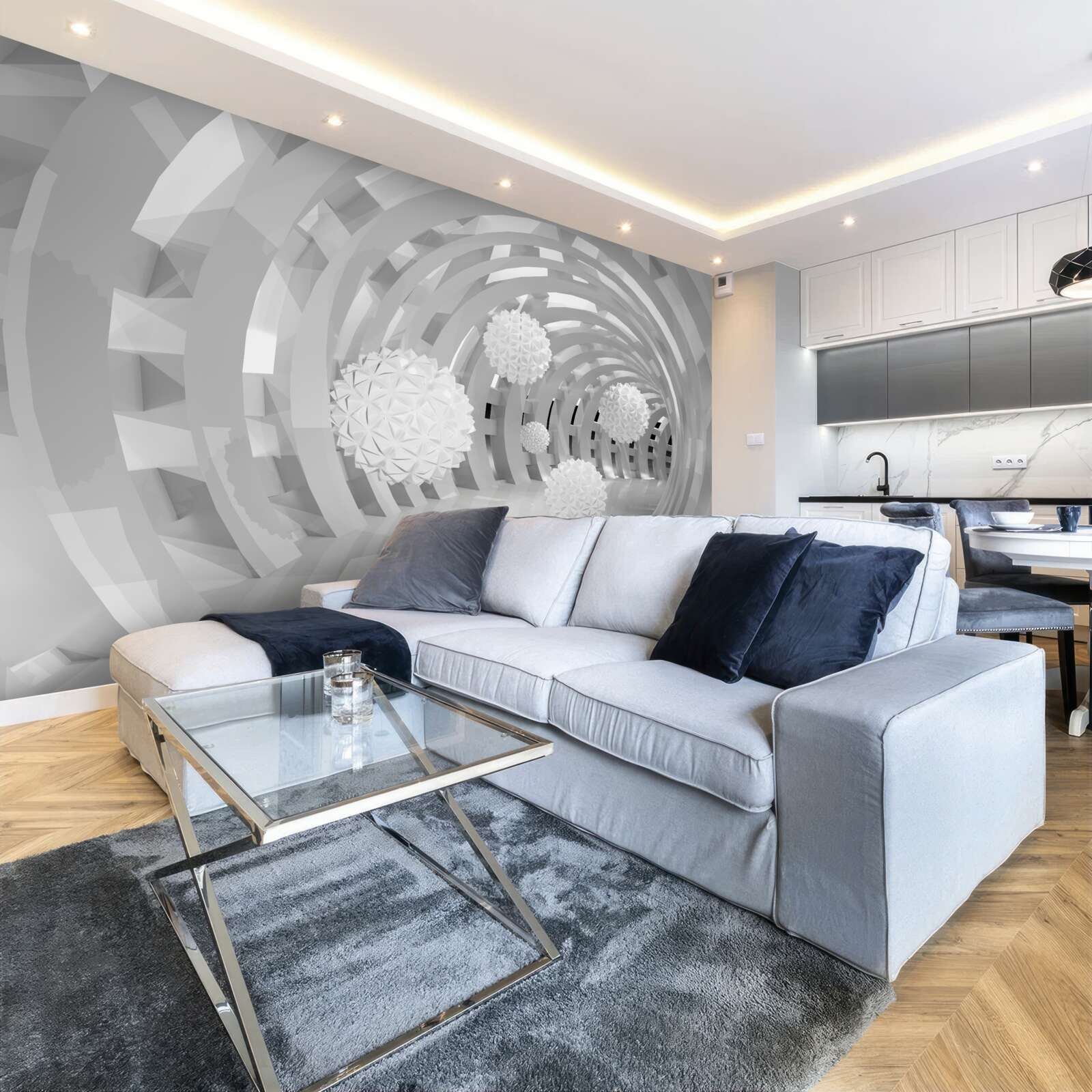 Fototapet arcuri rotunde cu bile albe