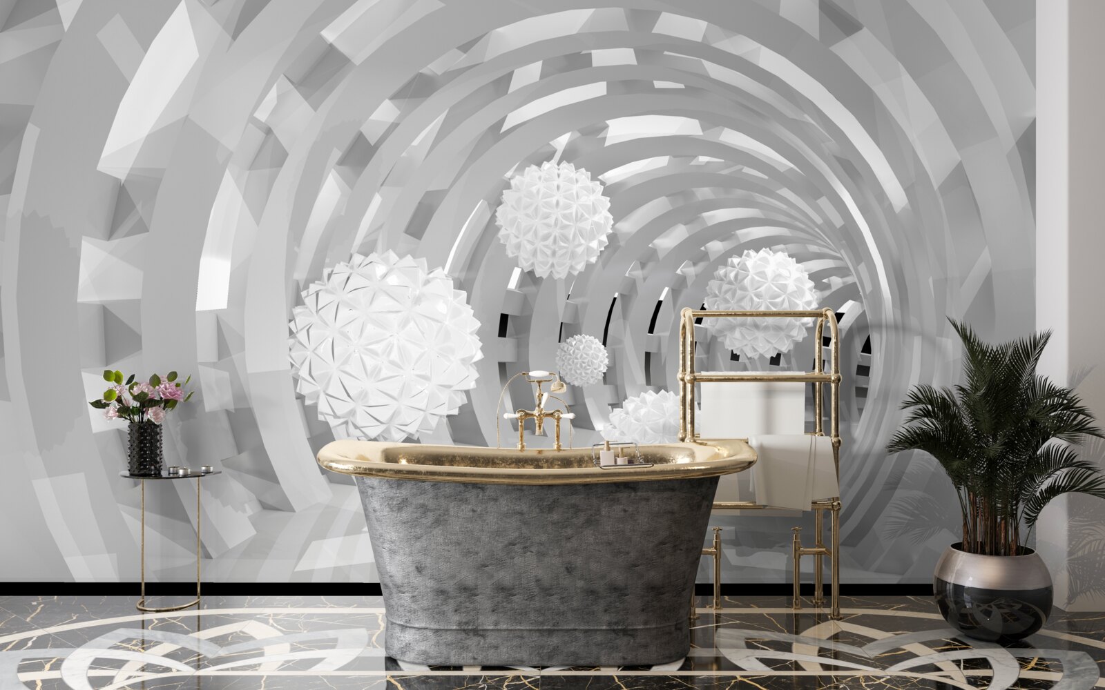 Fototapet arcuri rotunde cu bile albe