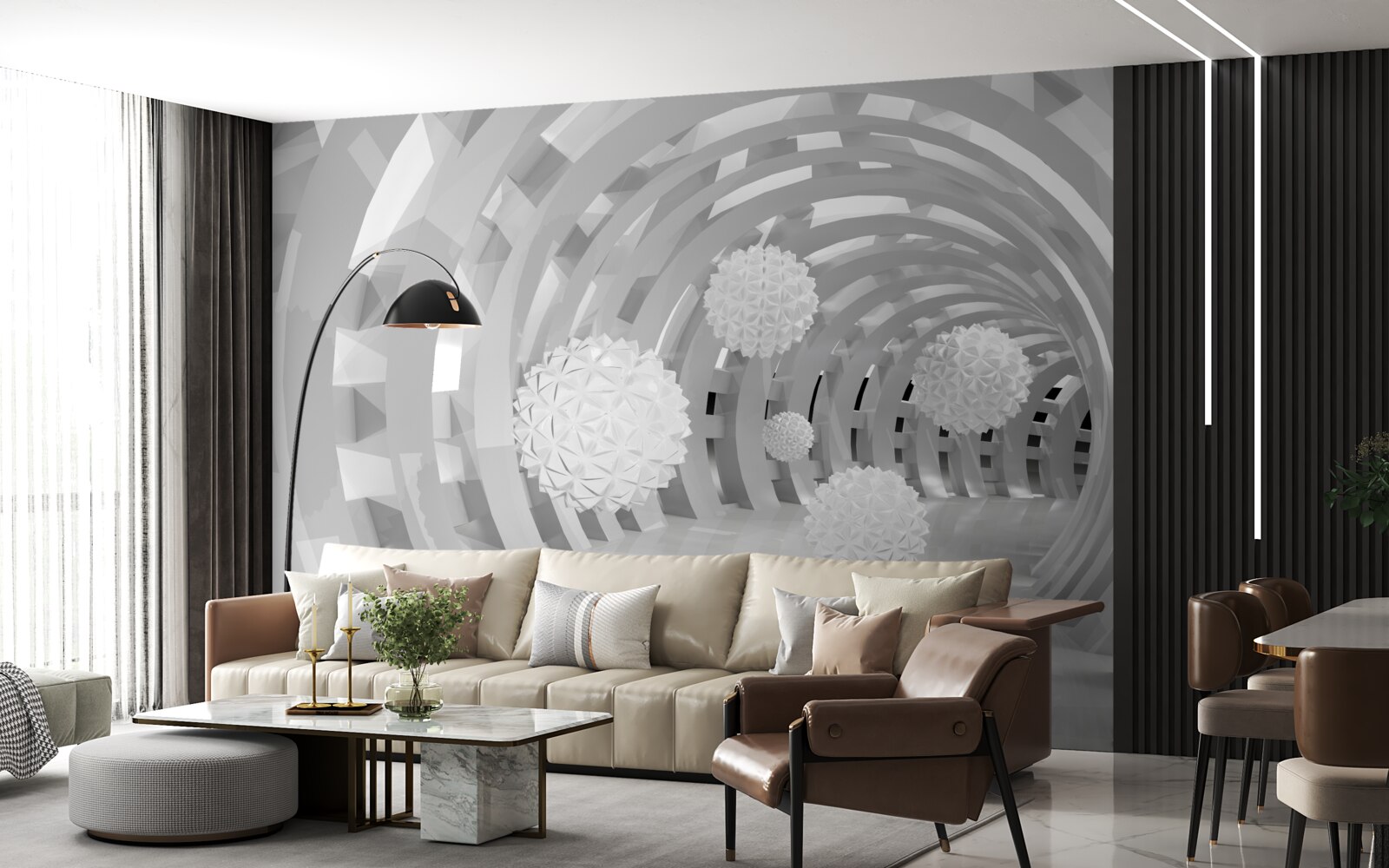 Fototapet arcuri rotunde cu bile albe