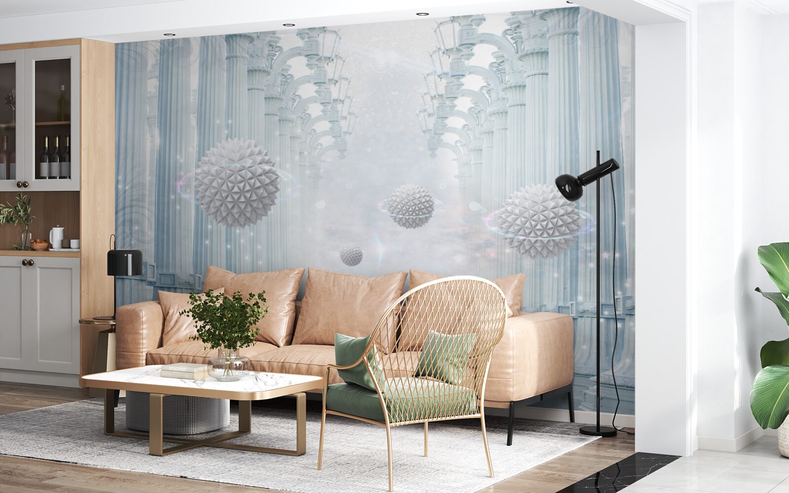 Fototapet infinity colonnade și bile albe