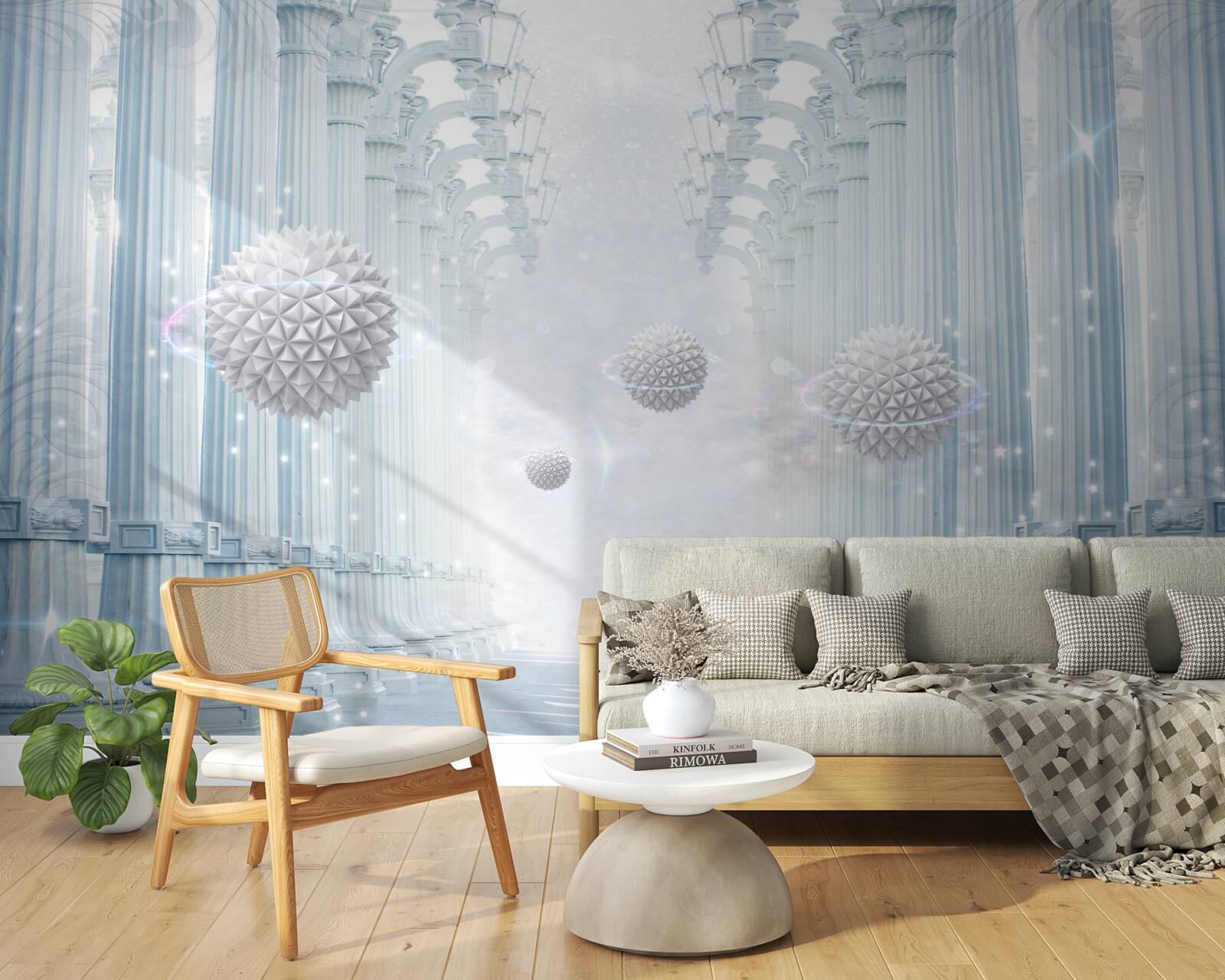 Fototapet infinity colonnade și bile albe