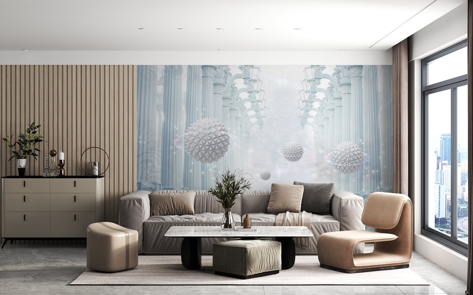 Fototapet infinity colonnade și bile albe