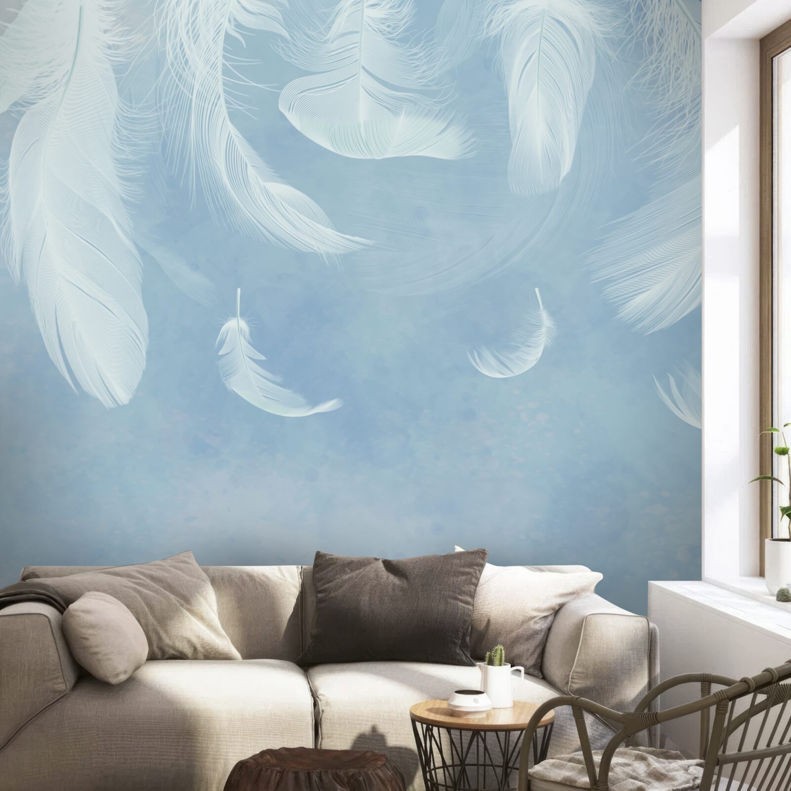 Fototapet pene albe care cad ușor