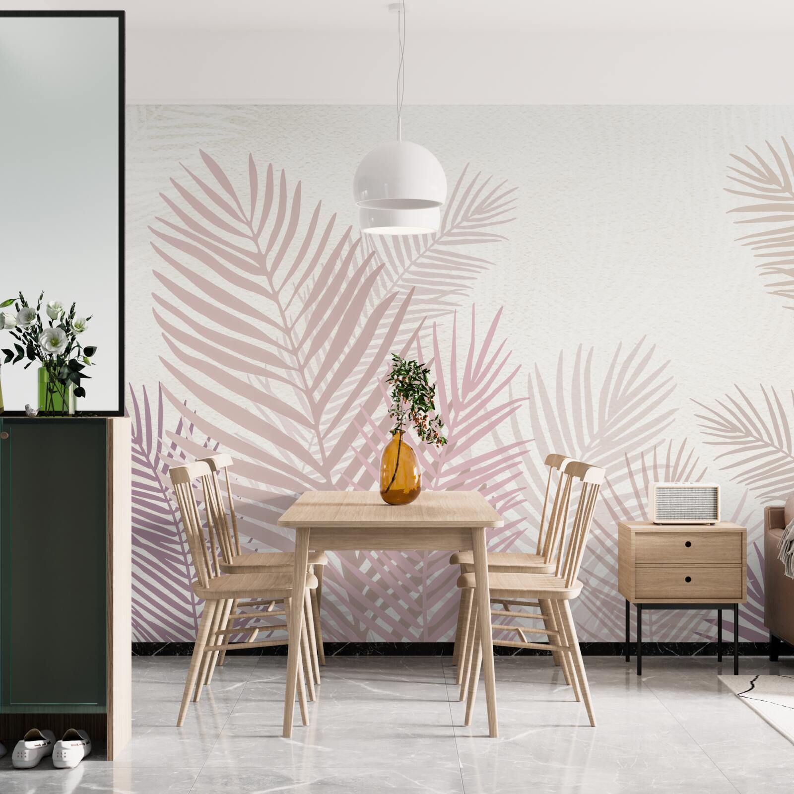 Fototapet sezonul ploios și frunze roz de ferigă