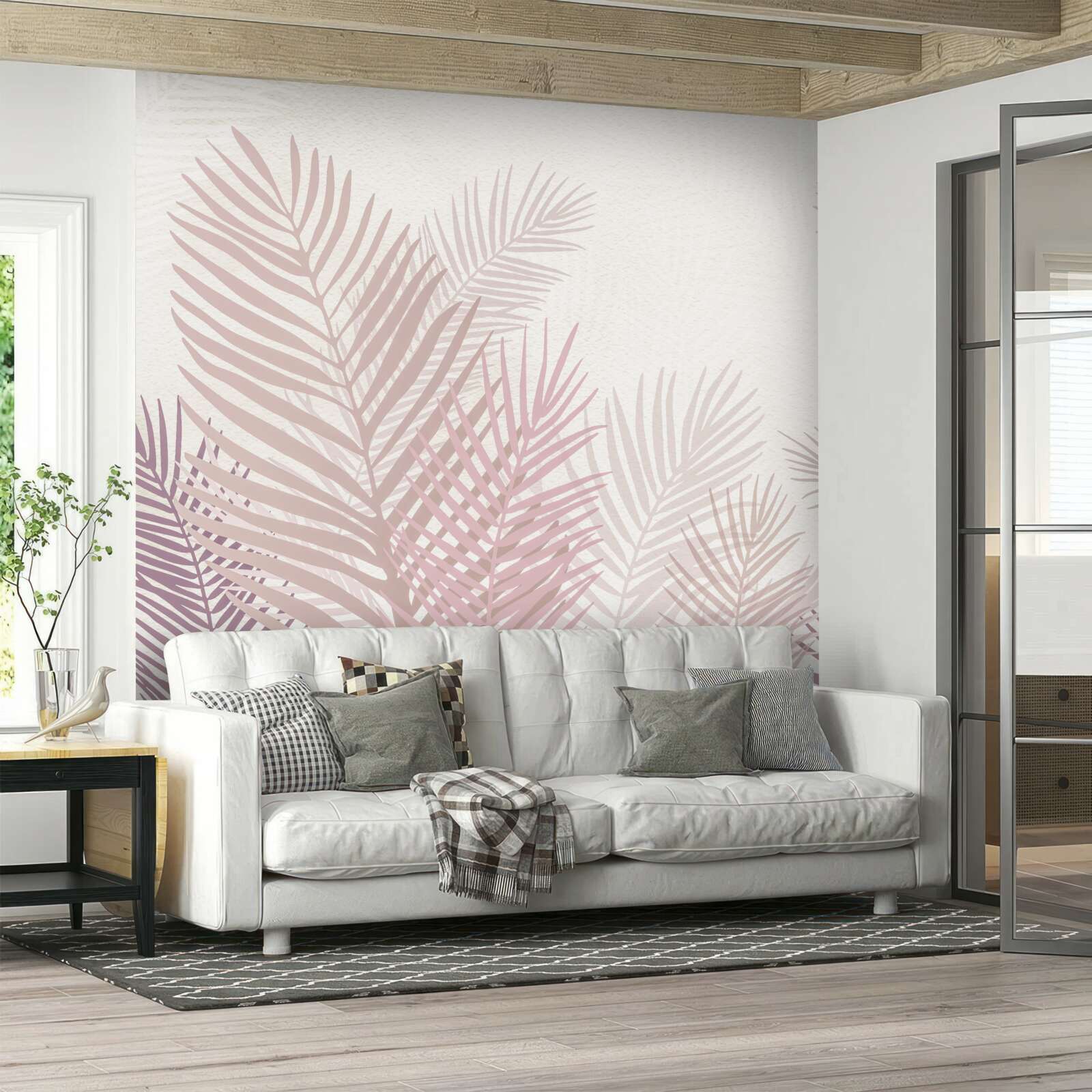 Fototapet sezonul ploios și frunze roz de ferigă