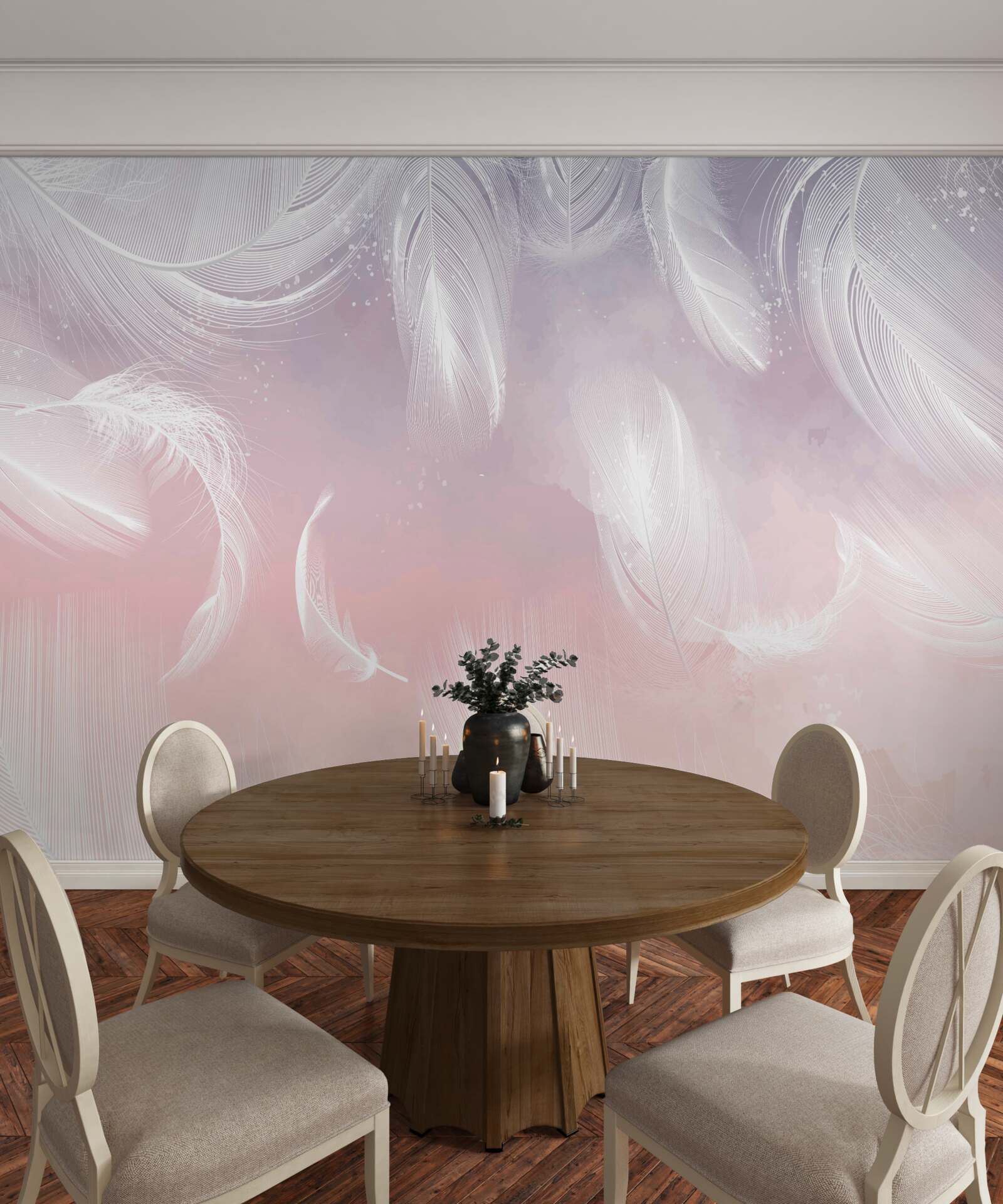 Fototapet pene albe plutind în apusul de seară