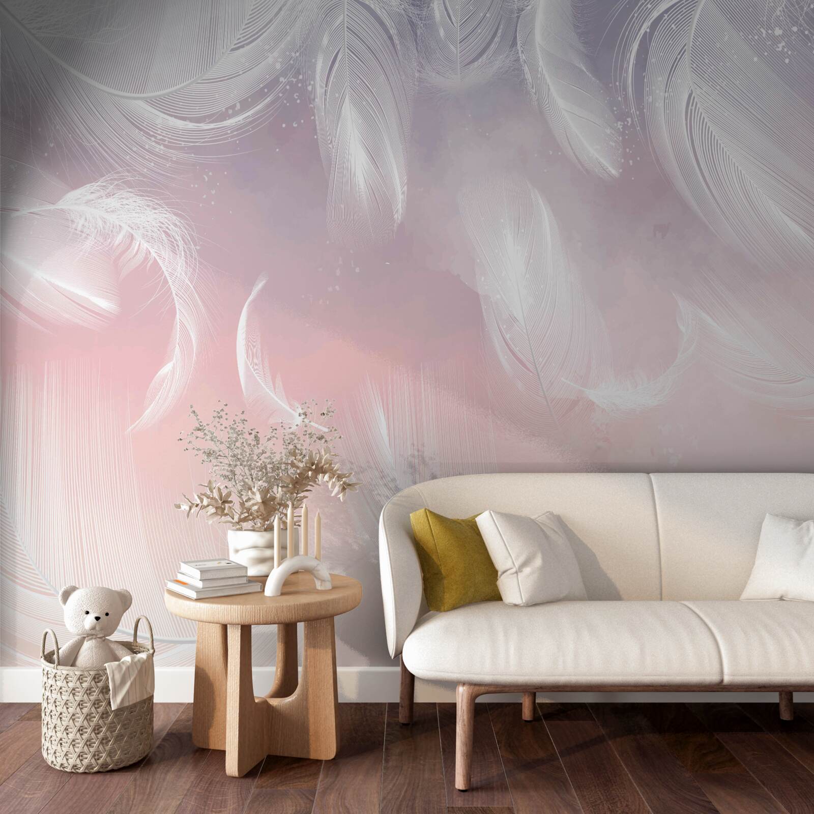 Fototapet pene albe plutind în apusul de seară