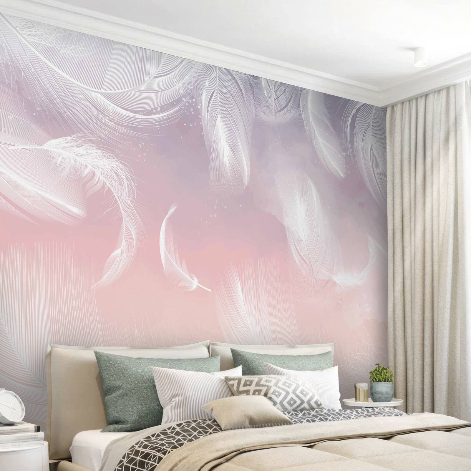 Fototapet pene albe plutind în apusul de seară