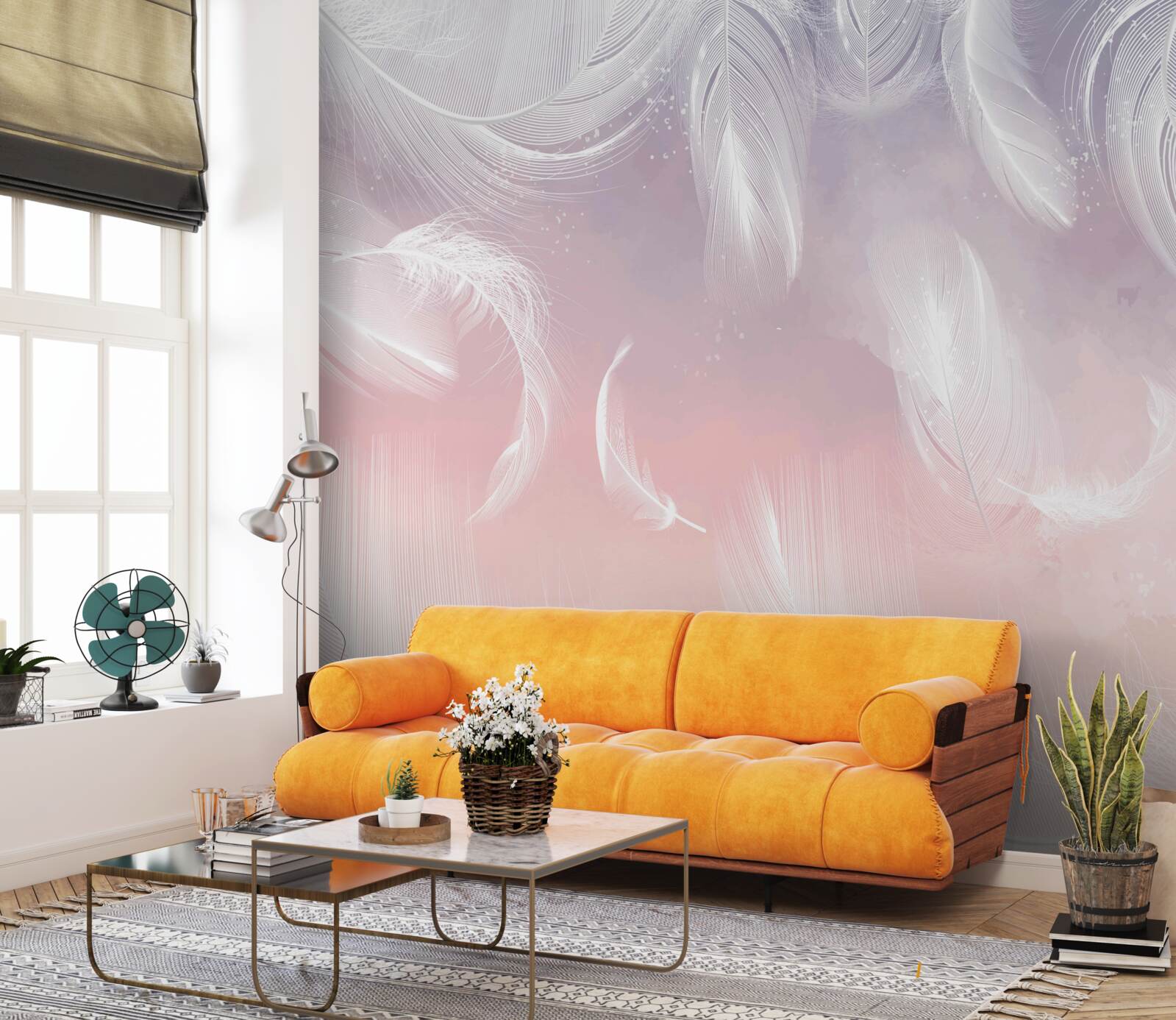 Fototapet pene albe plutind în apusul de seară