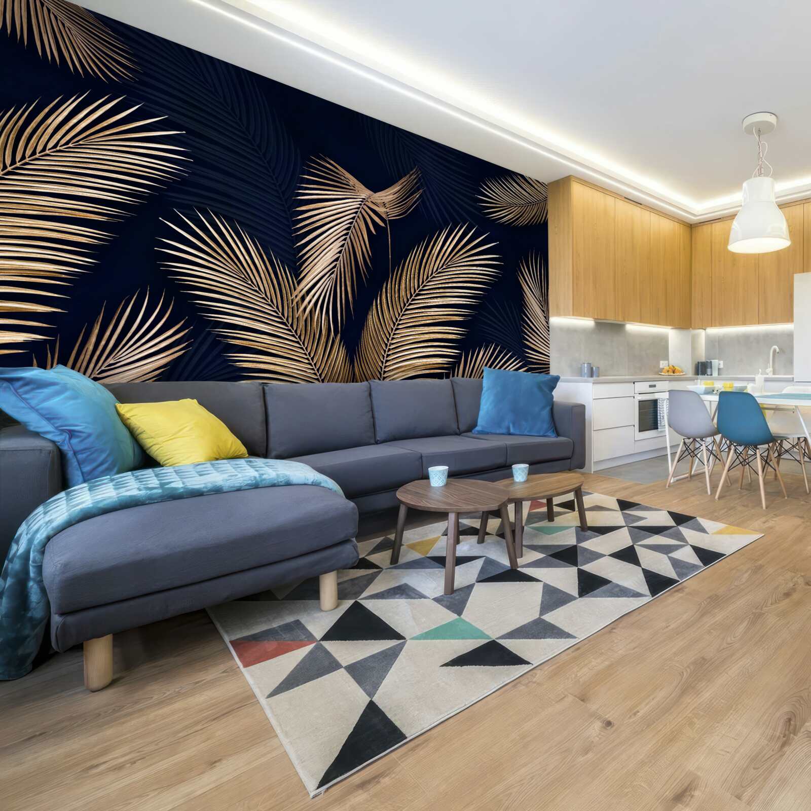 Fototapet fundal închis decorat cu pene aurii