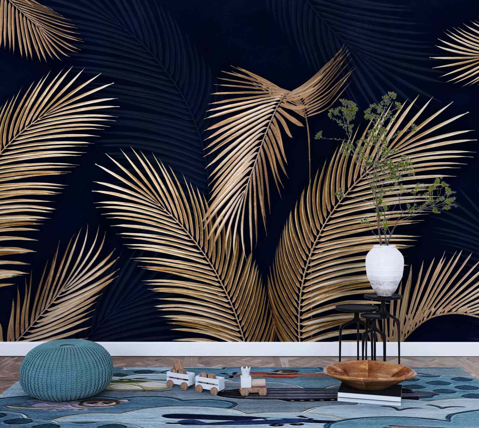 Fototapet fundal închis decorat cu pene aurii