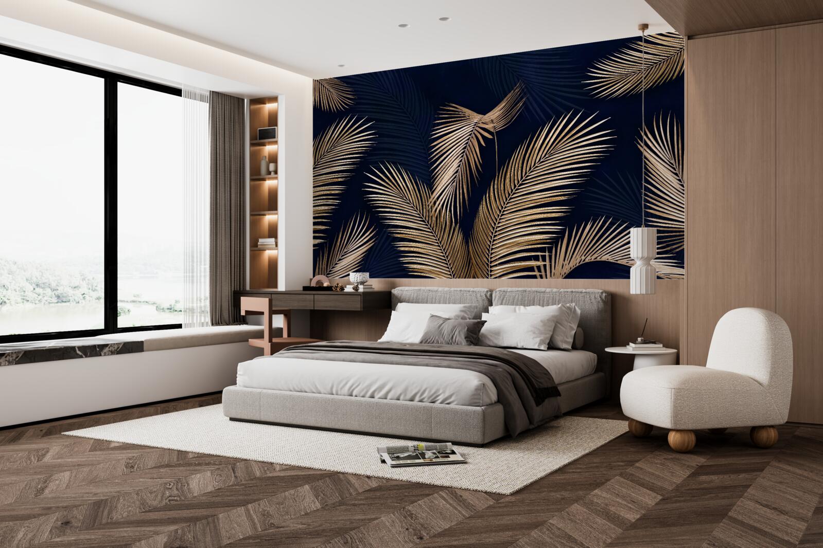 Fototapet fundal închis decorat cu pene aurii