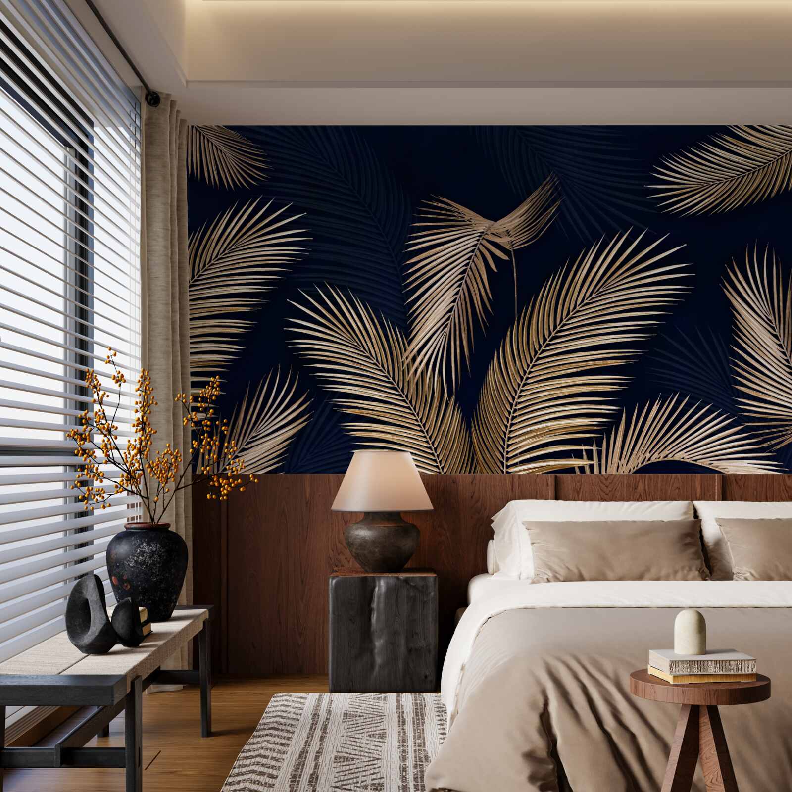 Fototapet fundal închis decorat cu pene aurii