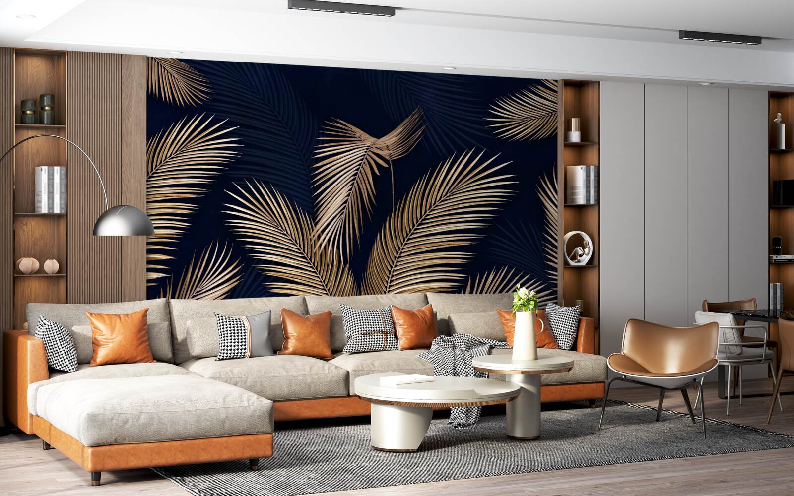 Fototapet fundal închis decorat cu pene aurii