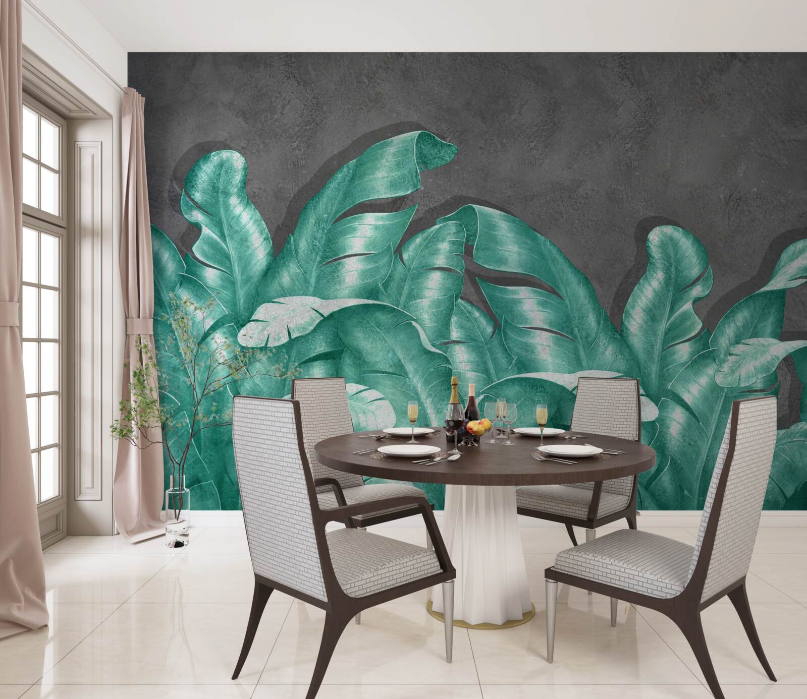 Fototapet frunze mari de ferigă, pictate într-o nuanță de smarald