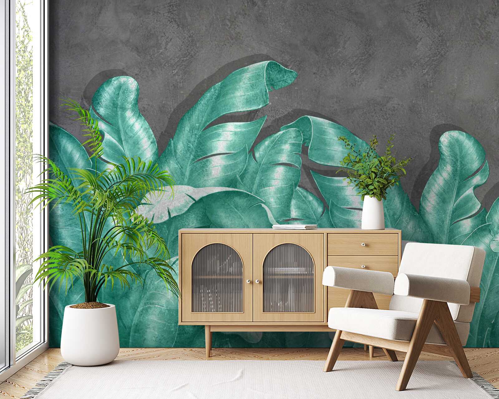 Fototapet frunze mari de ferigă, pictate într-o nuanță de smarald