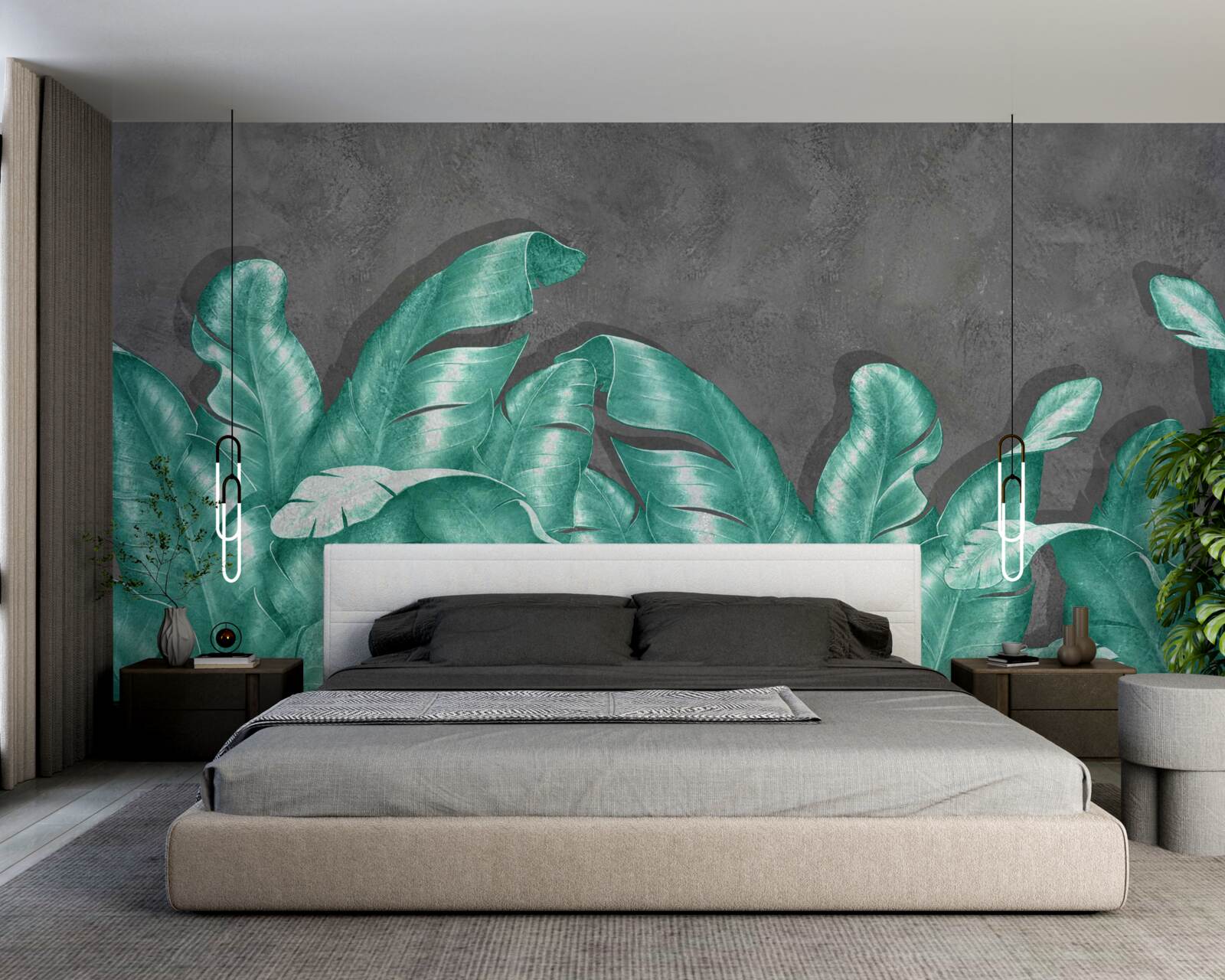 Fototapet frunze mari de ferigă, pictate într-o nuanță de smarald