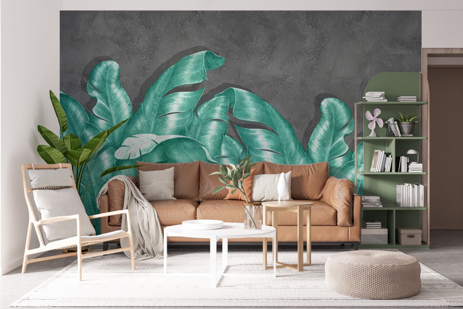 Fototapet frunze mari de ferigă, pictate într-o nuanță de smarald