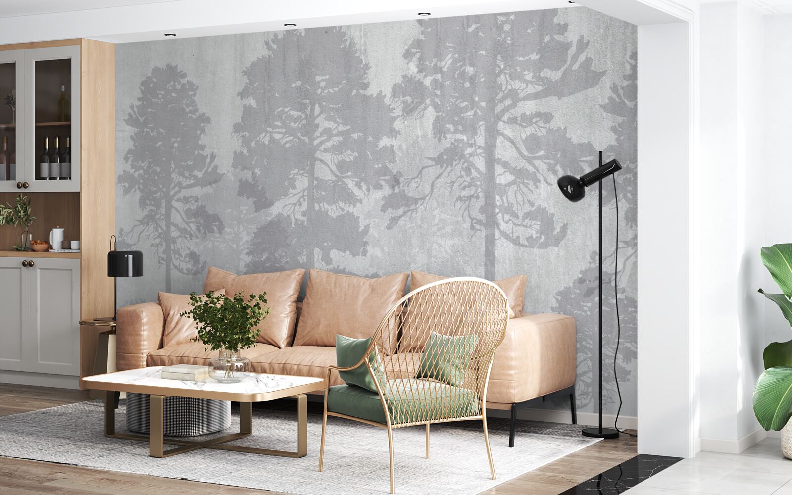 Fototapet Contururile cețoase ale copacilor din pădure de la margine par subțiri