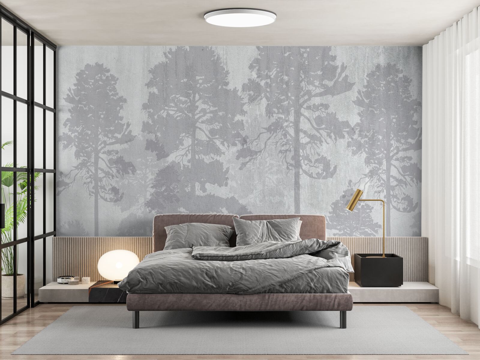 Fototapet Contururile cețoase ale copacilor din pădure de la margine par subțiri