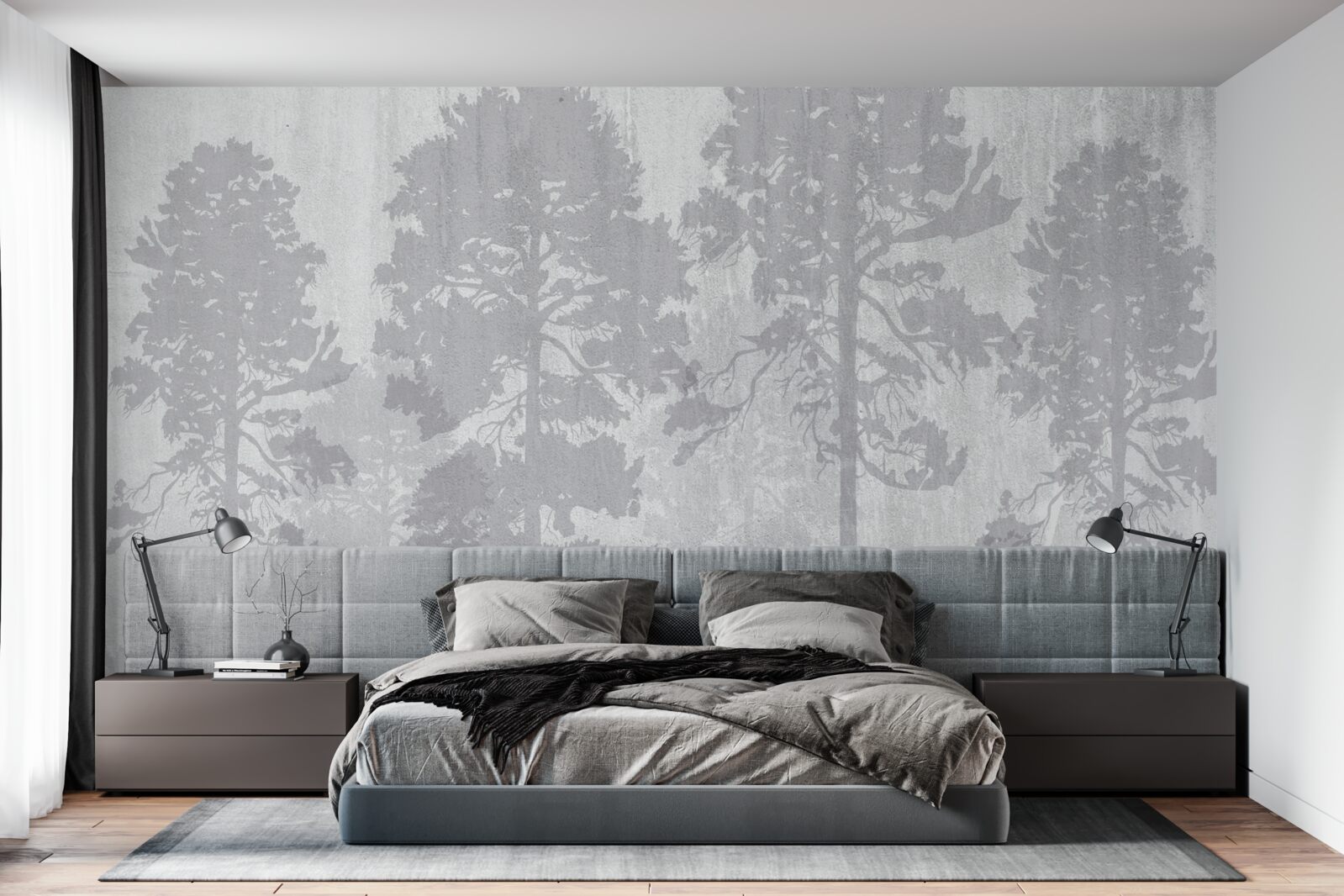 Fototapet Contururile cețoase ale copacilor din pădure de la margine par subțiri