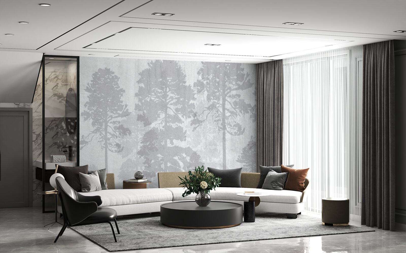 Fototapet Contururile cețoase ale copacilor din pădure de la margine par subțiri