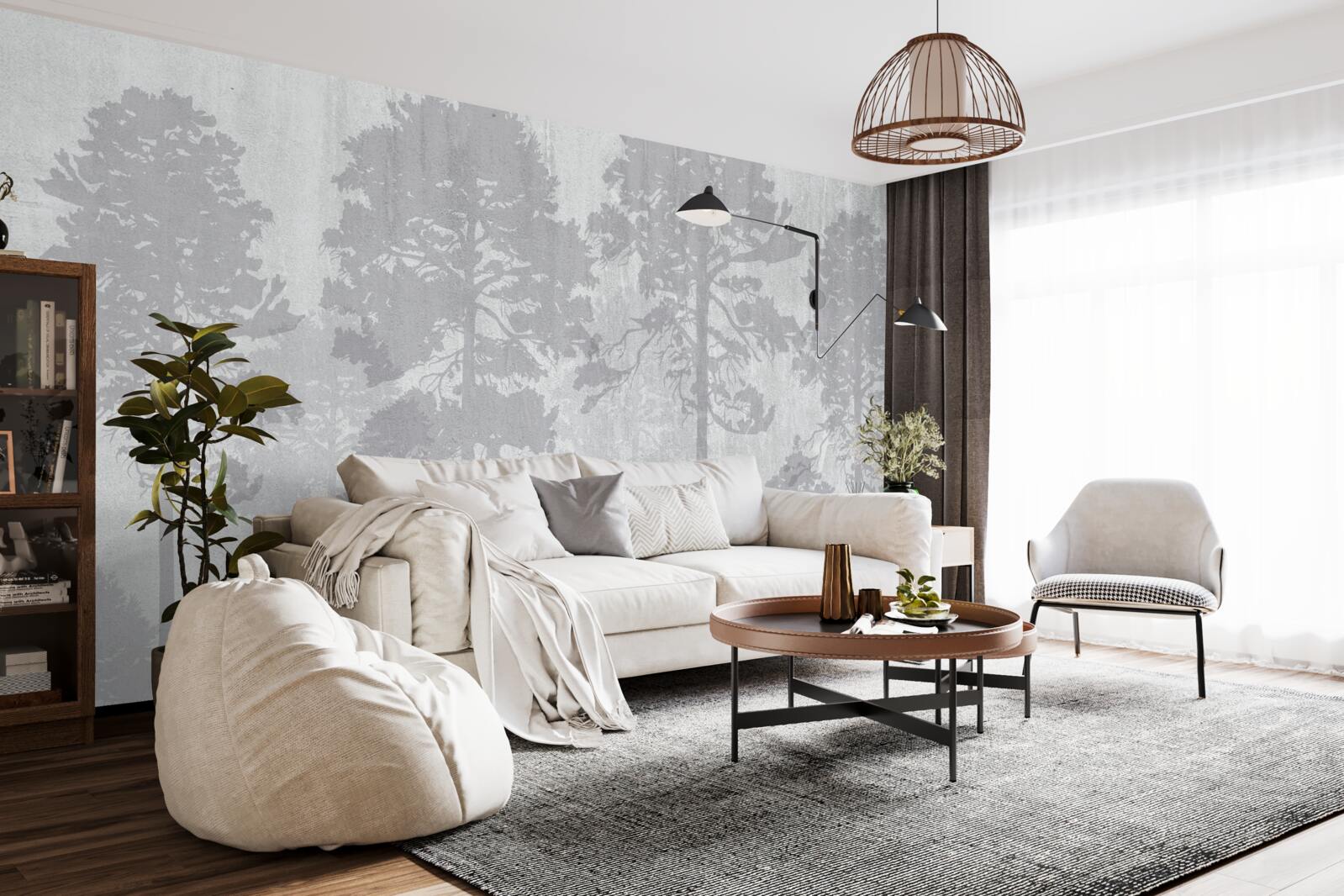 Fototapet Contururile cețoase ale copacilor din pădure de la margine par subțiri