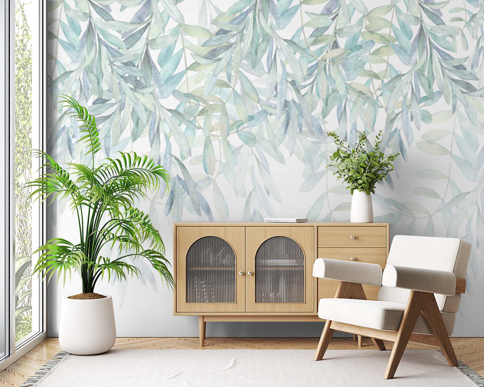 Fototapet plante verzi luxuriante pe un fundal alb