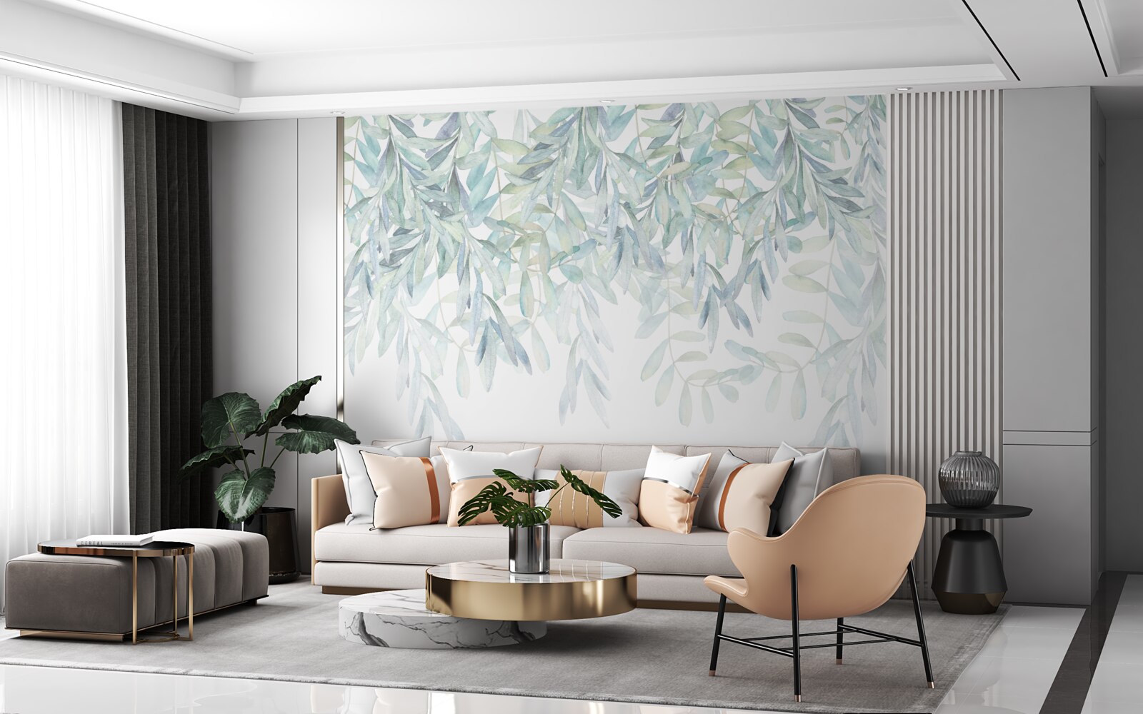 Fototapet plante verzi luxuriante pe un fundal alb