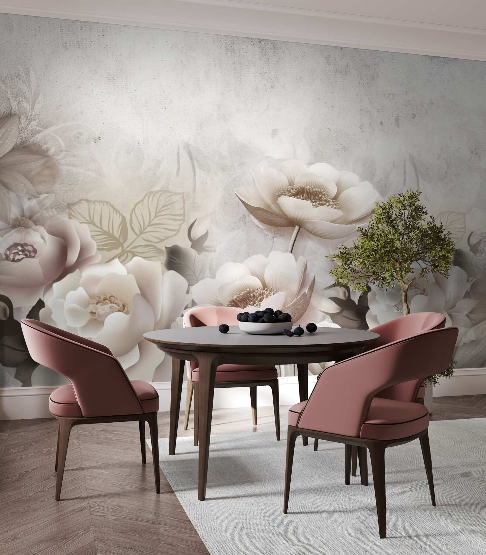 Fototapet o pajiște cețoasă presărată cu flori albe