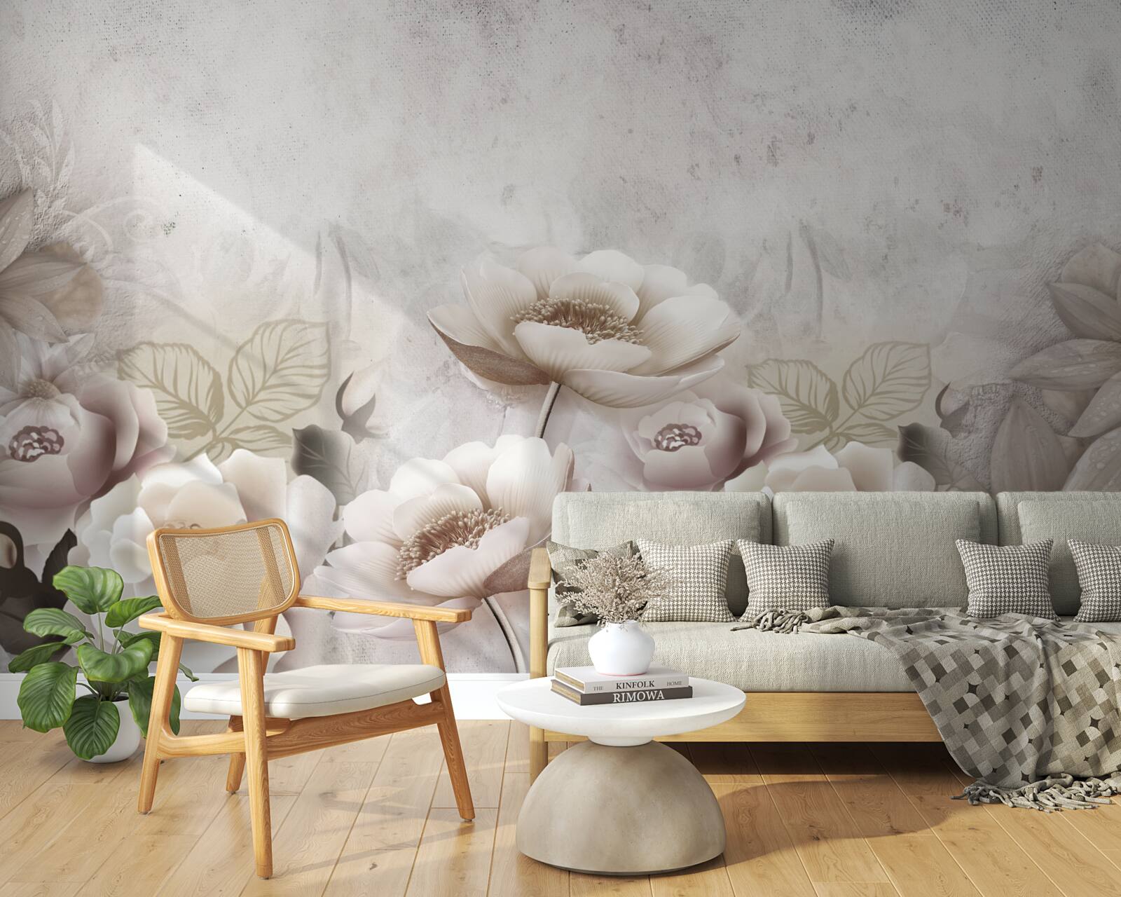 Fototapet o pajiște cețoasă presărată cu flori albe