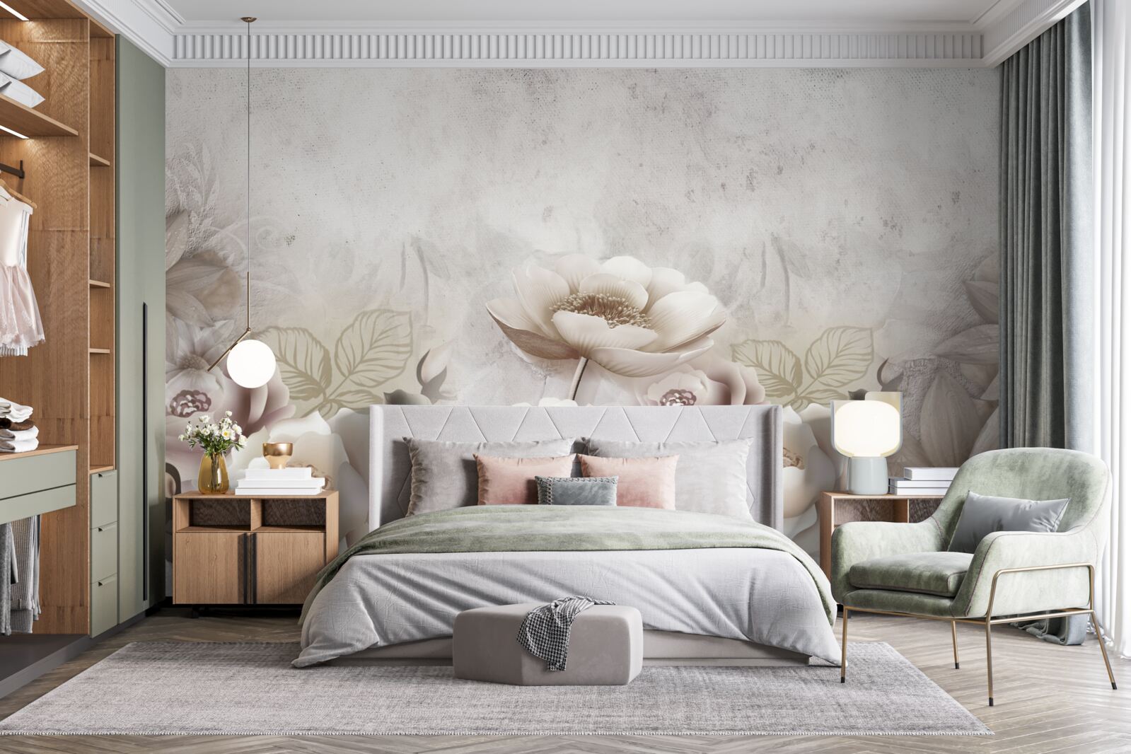 Fototapet o pajiște cețoasă presărată cu flori albe