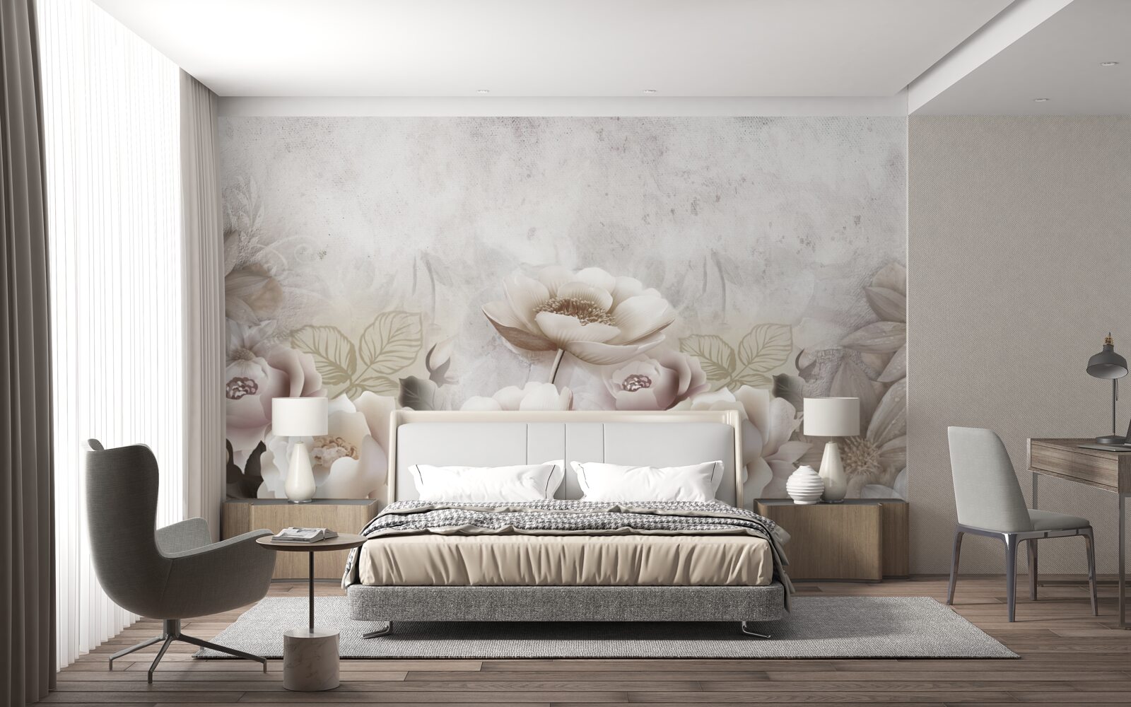 Fototapet o pajiște cețoasă presărată cu flori albe