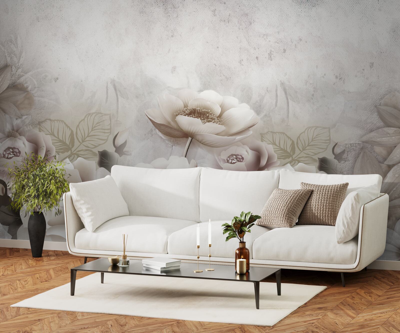 Fototapet o pajiște cețoasă presărată cu flori albe