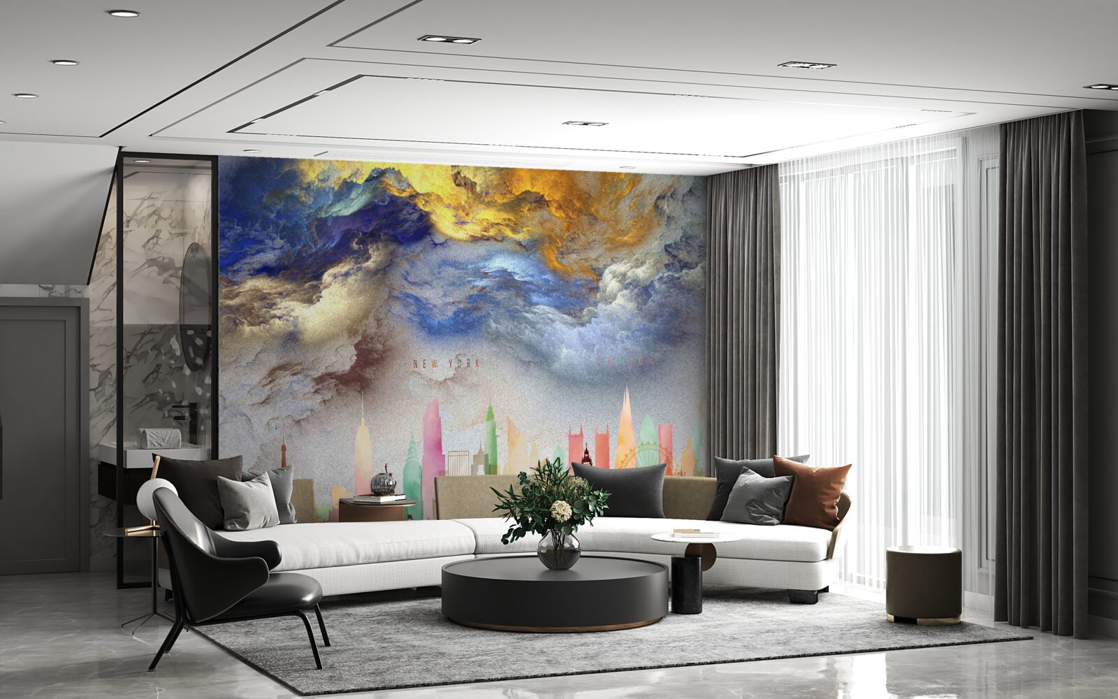 Fototapet nori neclari deasupra clădirilor orașului