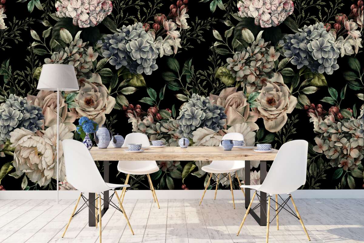 Fototapet ramuri înflorite pe un fundal întunecat