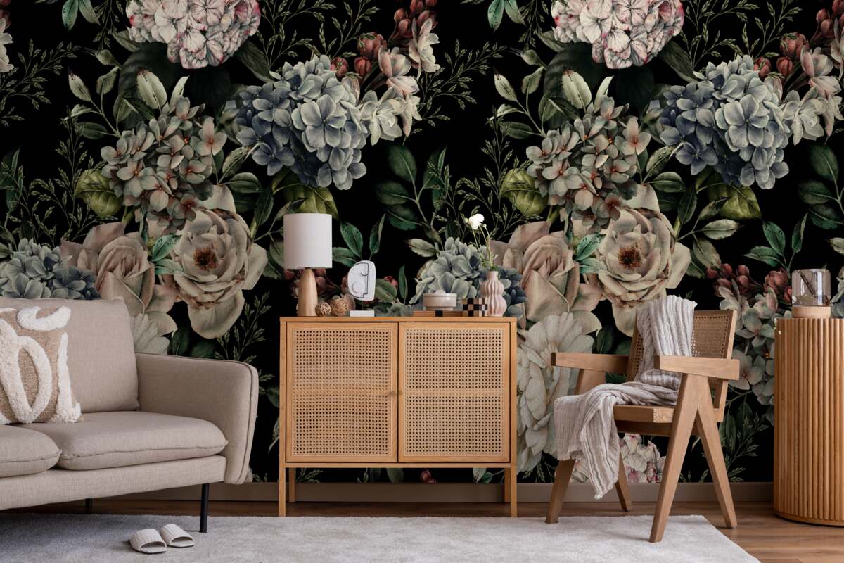 Fototapet ramuri înflorite pe un fundal întunecat